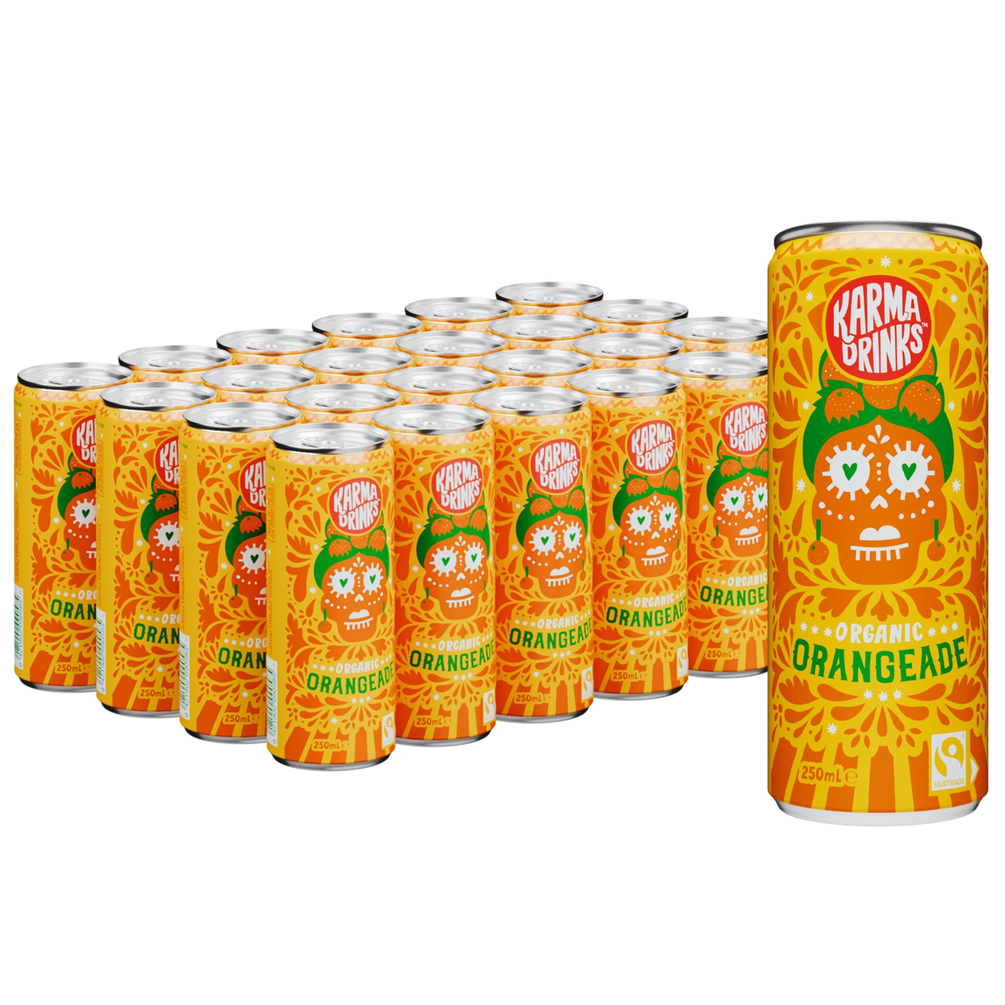 Karma Drinks Orangeade (250ml x 24 Cans Soft Drink), Organic, Gluten Free Lemonade cans, Natural Ingredients, Fairtrade, Vegan Friendly, No GMO, Carbonated Fizzy Drinks 24 Pack