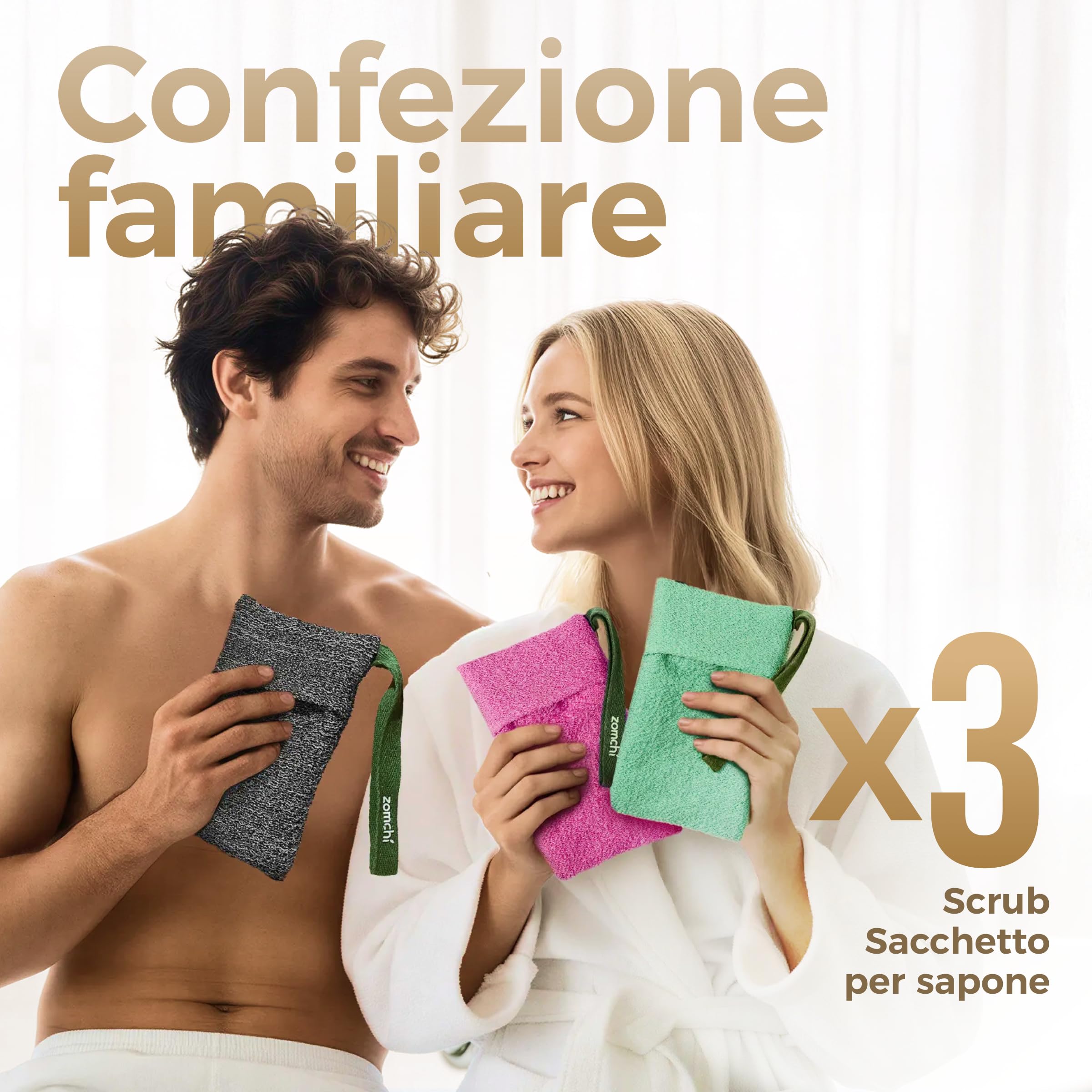 ZOMCHI Confezione da 3 Sacchetti di sapone esfoliante, Spugna esfoliante per il corpo, Contenitori per saponette, Sacchetto per saponette per esfoliazione profonda