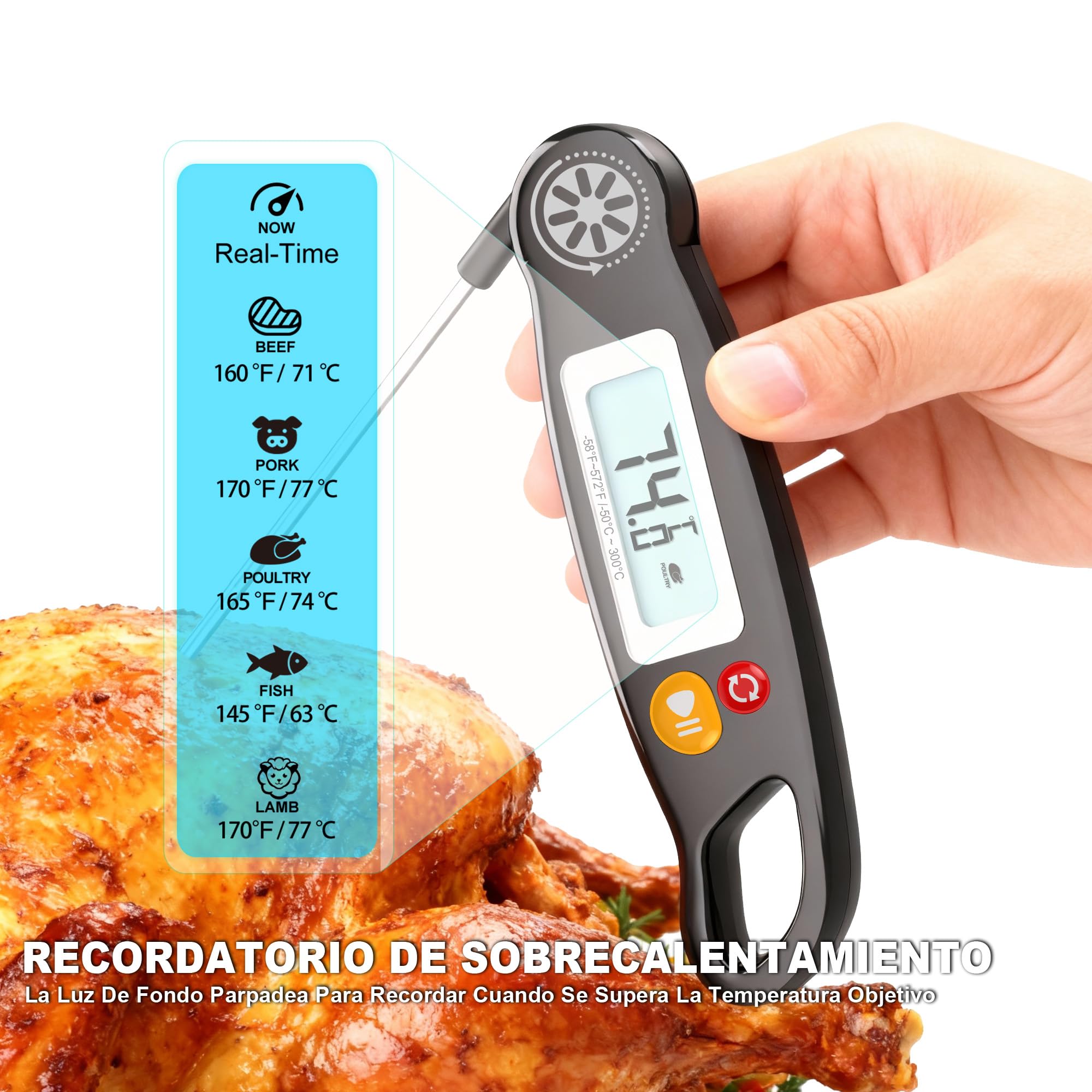 Antonki Termómetro digital de cocina con retroiluminación y sonda larga plegable: termómetro de lectura instantánea en 3 segundos para carne, barbacoas, hornos y líquidos