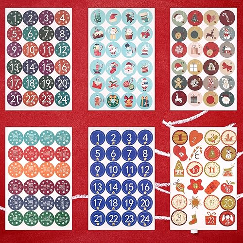 Miniatura 2 de 12 hojas de calcomanías de números del calendario de Adviento de Navidad, 1-24 calcomanías de calendario de cuenta regresiva de Navidad para regalos