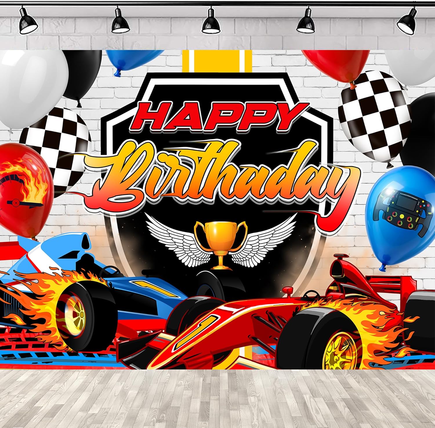 SVBright Racing Car Happy Birthday Backdrop 7Wx5H Boys Kids Black White Plaid Flag Red Blue Balloons Cool Speed Bday Cartoon Competition Decorations Photography Background Banner Photo Booth Studio 7Wx5H A-Racing Car