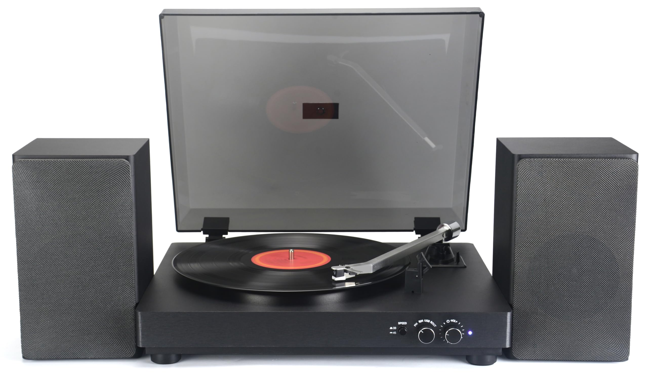 Majestic TT 64 - Tourne-Disque 33/45 Tours, entrée et Sortie Audio sans Fil, Haut-parleurs stéréo externes 30 W, entrée USB, Noir