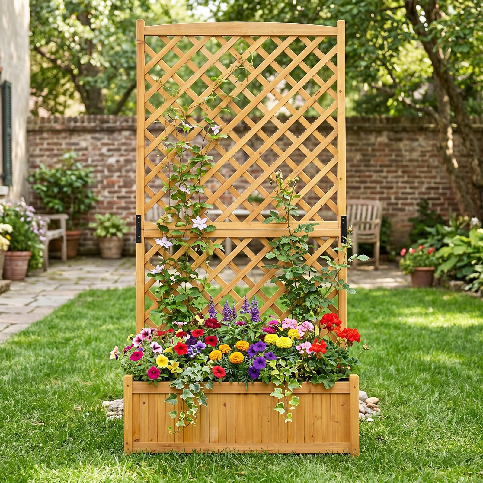 COSTWAY Jardinera con Enrejado de Madera Maciza de Abeto, Jardinera con Celosia, Orificios de Drenaje para Plantas Trepadoras, para Jardines, Patios y Balcones, 90 x 44,5 x 180,5 cm (Natural)