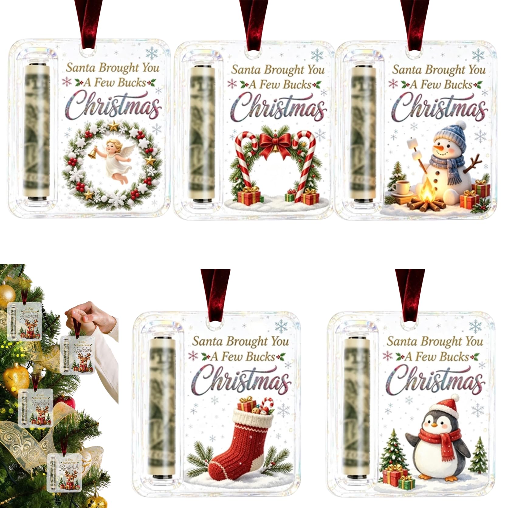 5 Pcs Acrylic Christmas Money Holder, Christmas Cash Gift Holder Ornament