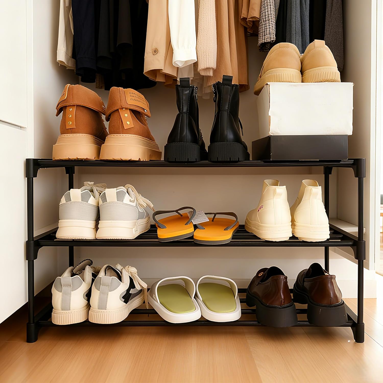 Shoe Rack Organizer, 3-Tier Reversible Metal Space Saving Shoe Storage Shelf - for Entryway, Closet, Front Door, Bedroom, Garage & Corridor-Closet Organizer, Garage Storage Shelves thumbnail