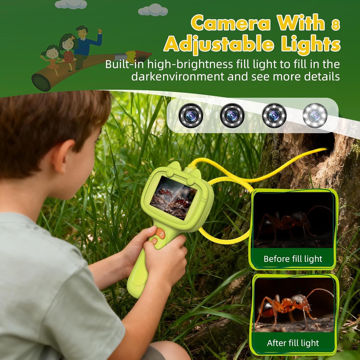 Daxiongmao Borescope Camera with Light for Kids | STEM Science Educational Toy for 4 5 6 7 8 9 10 12 Years Old Boys & Girls | Birthday Gift for Outdoor Adventures & Nature Discovery (Yellow)