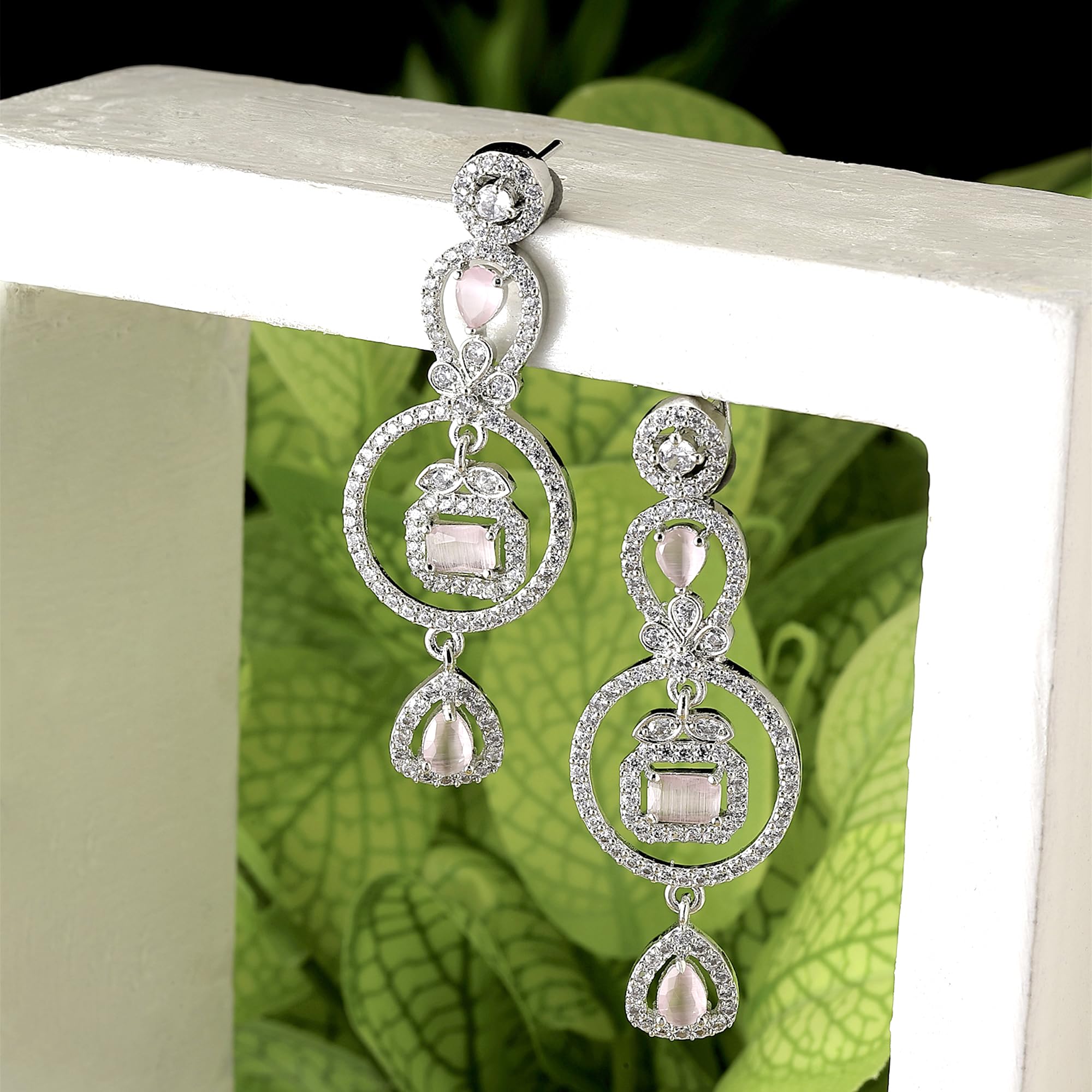 Rhodium-Plated Circular Drop Earrings with American Diamond
