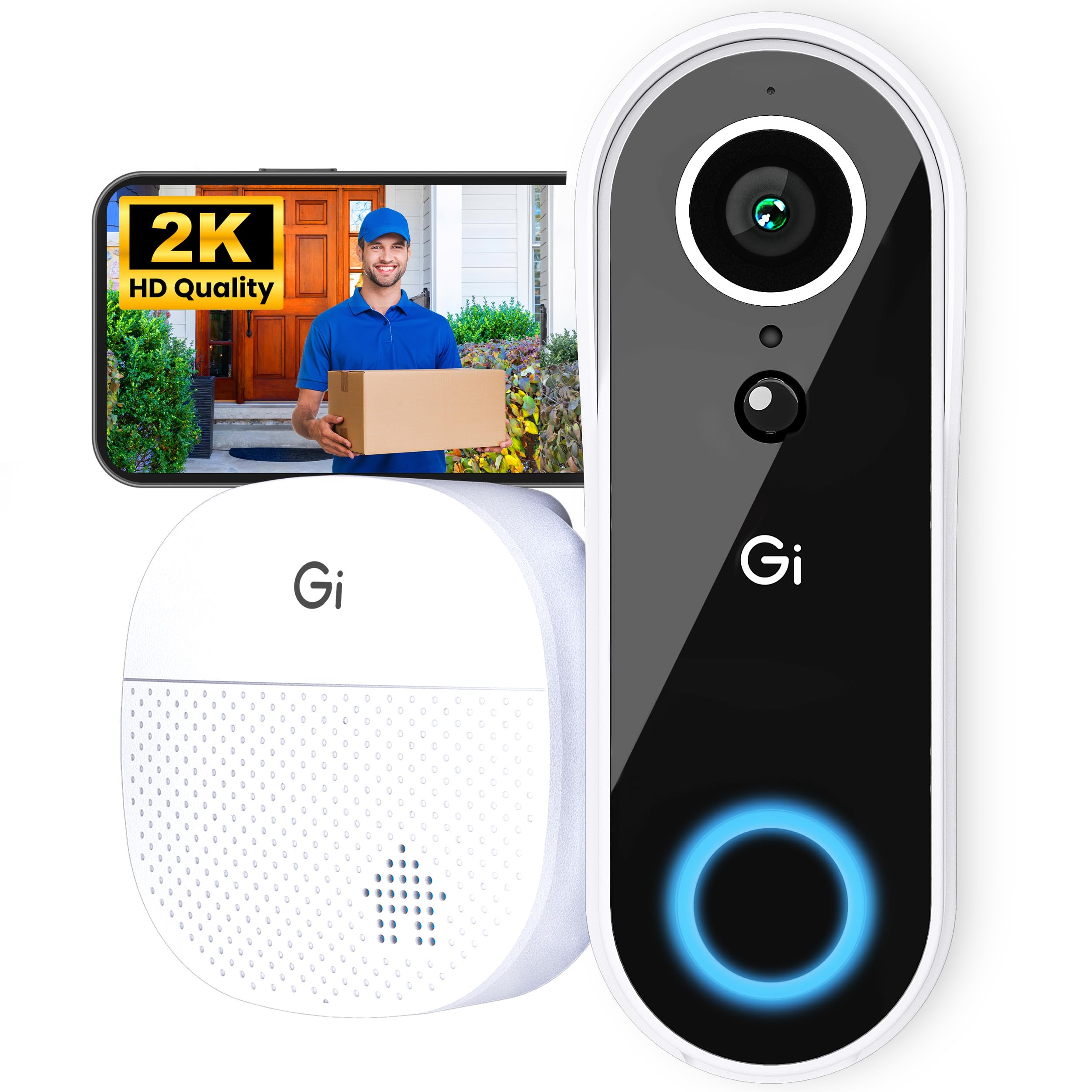 GEARit Video Doorbell Camera with Chime - 2K QHD Video - 6 Months Rechargeable Battery - IP64 Weather-Proof, Motion Detection, 2 Way Audio Wireless