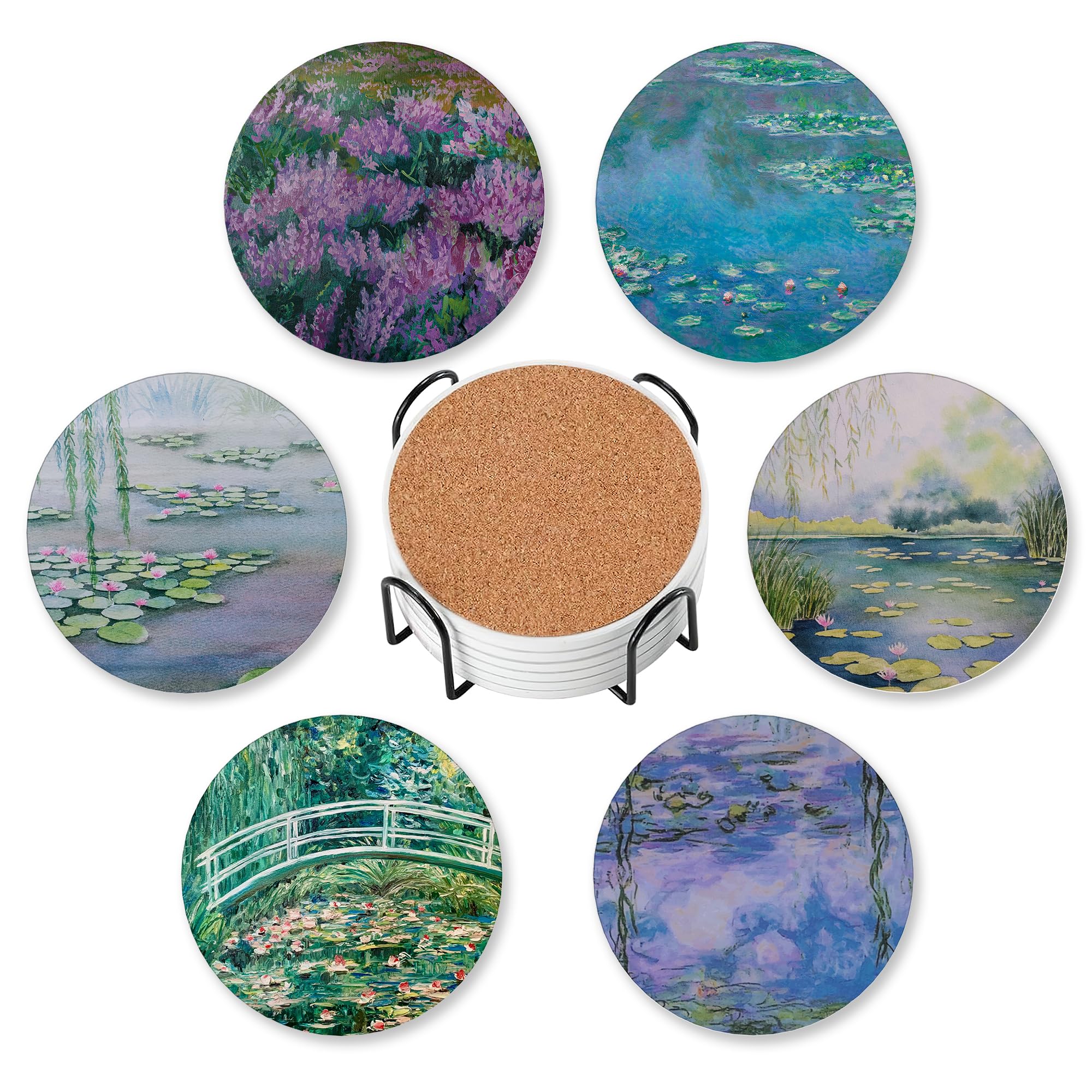 Drink Coasters for Drinks Set of 6,Claude Monet Water Lilies Absorbent Round Ceramic Stone Mat Coaster, with Cork Base and Metal Holder, Home Bar