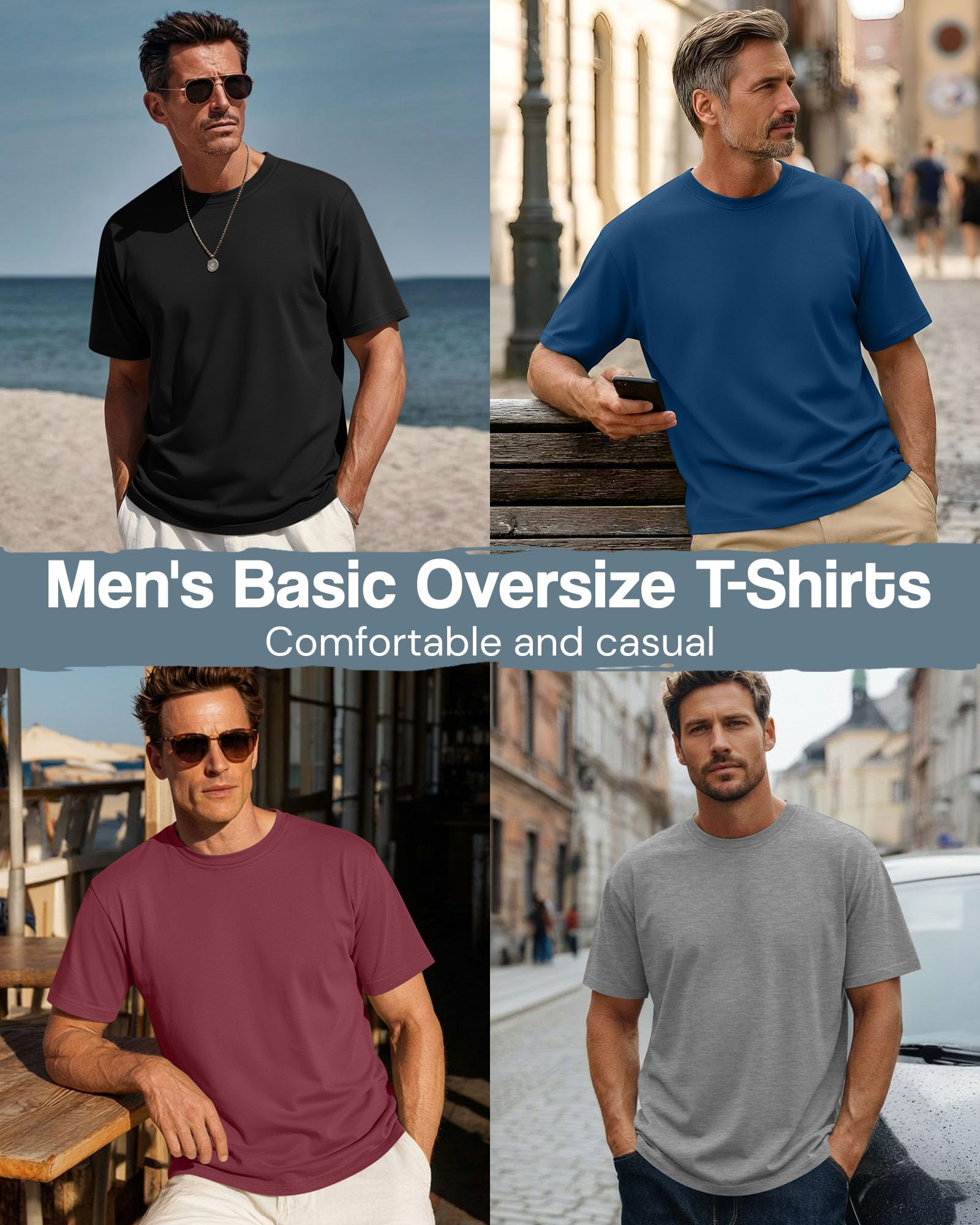 Neer Pack de 4 T-Shirts Homme Grandes Tailles Coton d'Été, Manches Courtes, Col Rond, Haut Décontracté Oversize Basic
