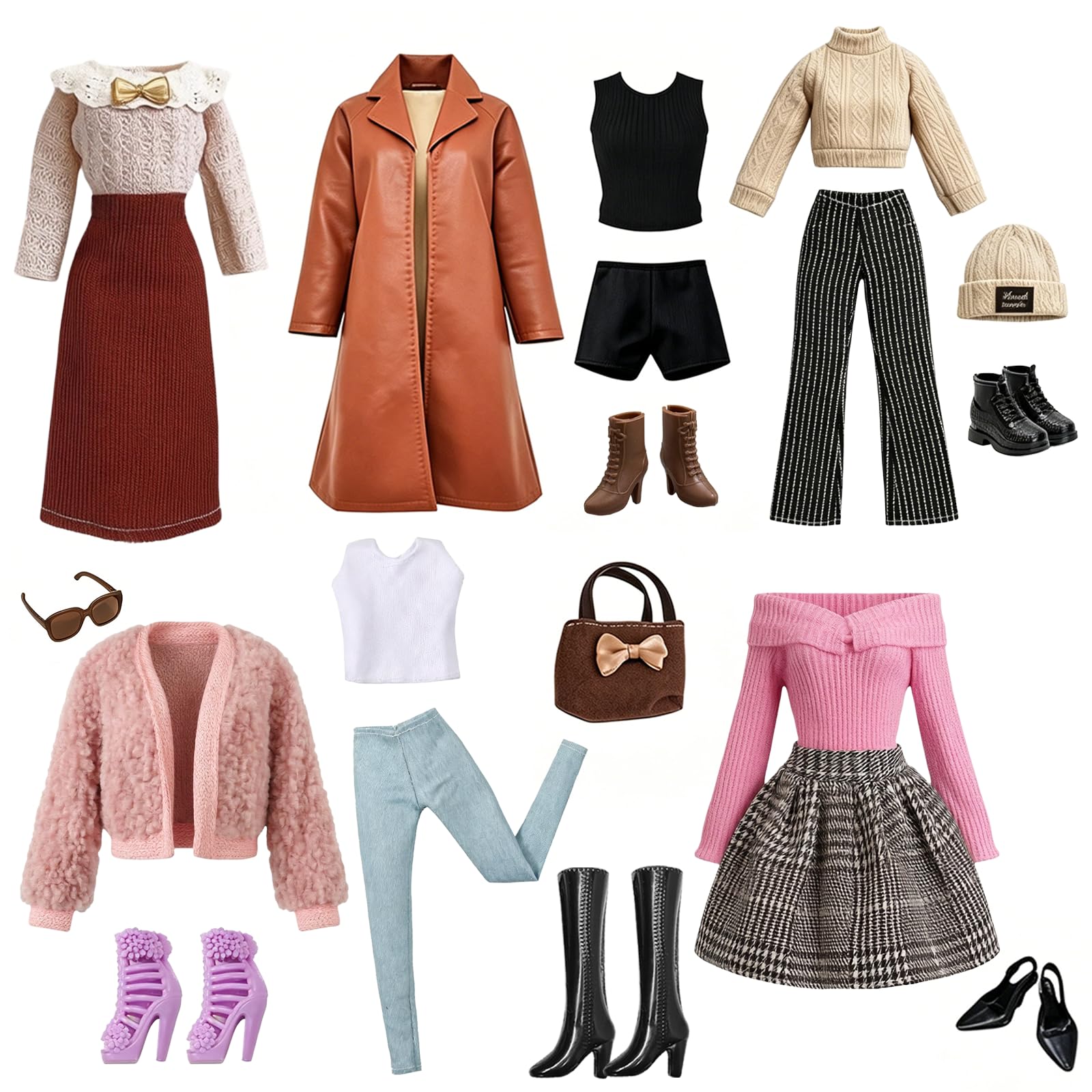 18 Pcs Doll Clothes Compatible with 11.5 inch Doll, Doll Clothes and Accessories Skirts 1 Leather Coat 2 Vests 1 Jumper 3 Trousers 1 Jacket 1 Hat 1 Bag 1 Sunglasses 5 Shoes, Girl Kids for Gifts