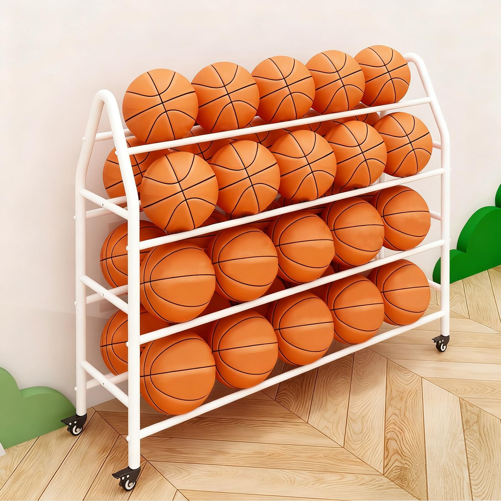 Présentoir de basket-ball à 4 niveaux pour garage et rangement d'équipement de sport