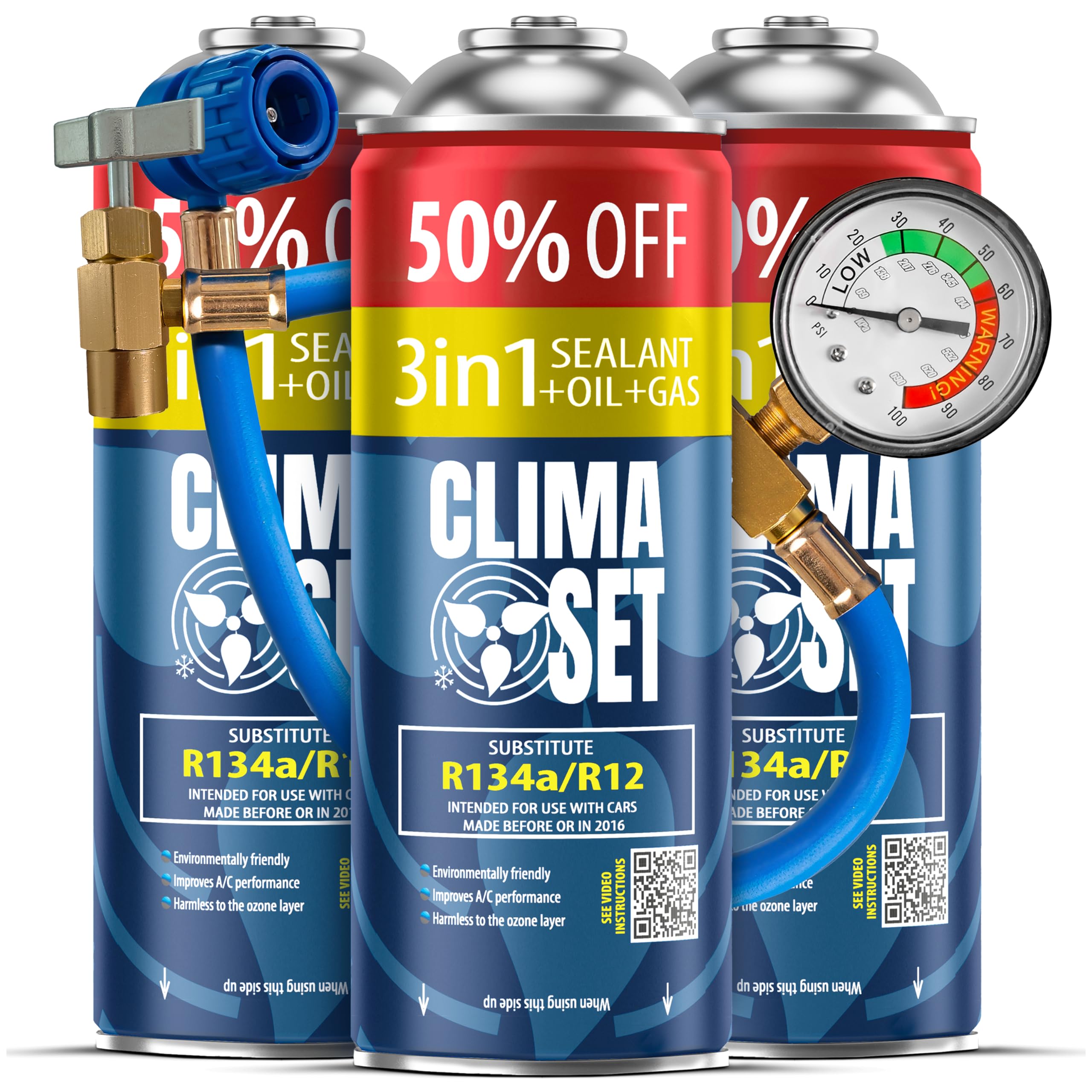 ClimaSet - 3 x recharge 3 en 1 pour climatisation r134a, huile, produit anti-fuites XL et 1 x tuyau - Kit de Recharge de Gaz pour Climatisation pour Automobile - 705 g
