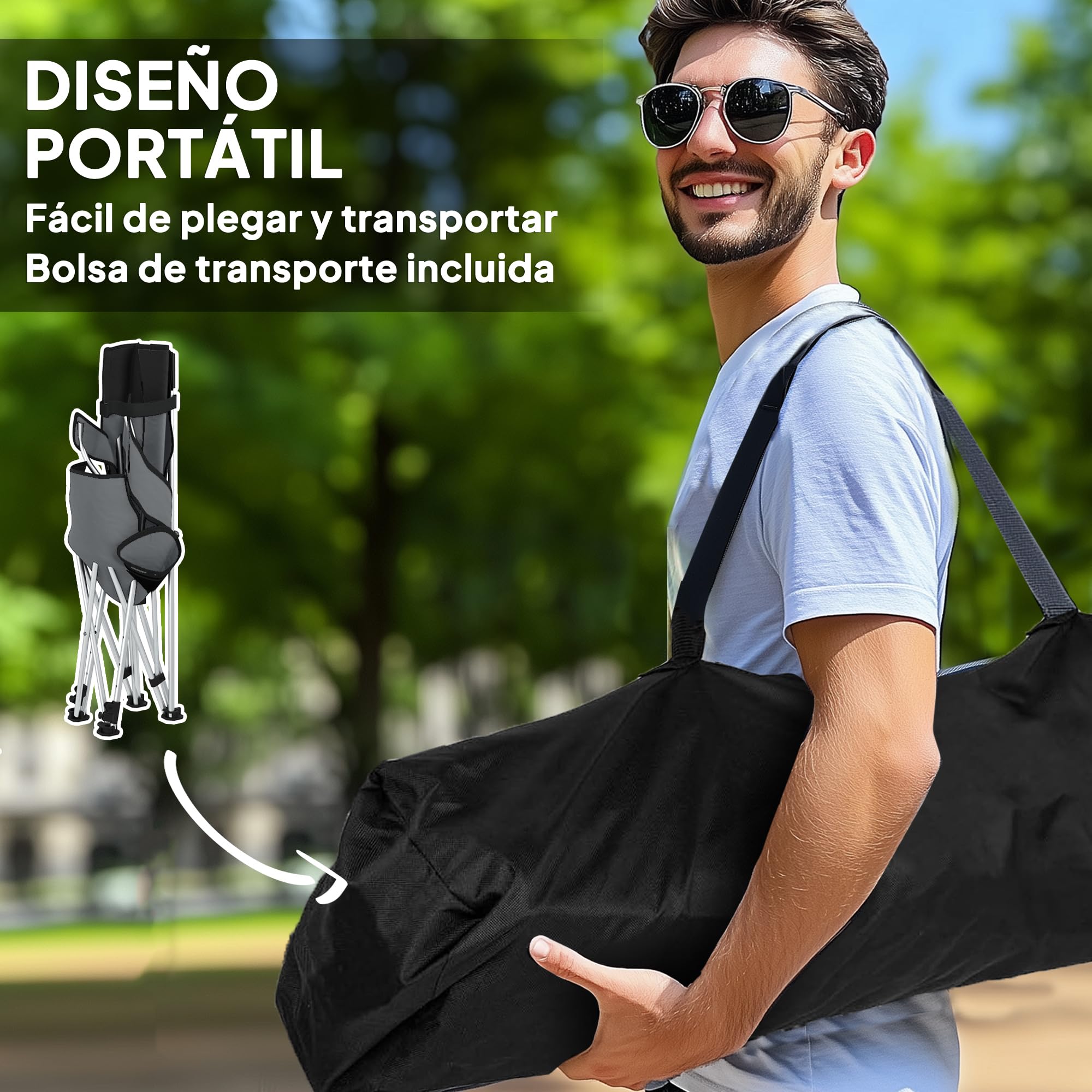 Outsunny Conjunto de 2 Sillas Plegables Camping Tumbonas Camping Portátiles con Reposapiés Desmontable Reposacabezas Portavasos y Bolsa Lateral Carga 120 kg para Jardín Playa Pesca Gris y Negro
