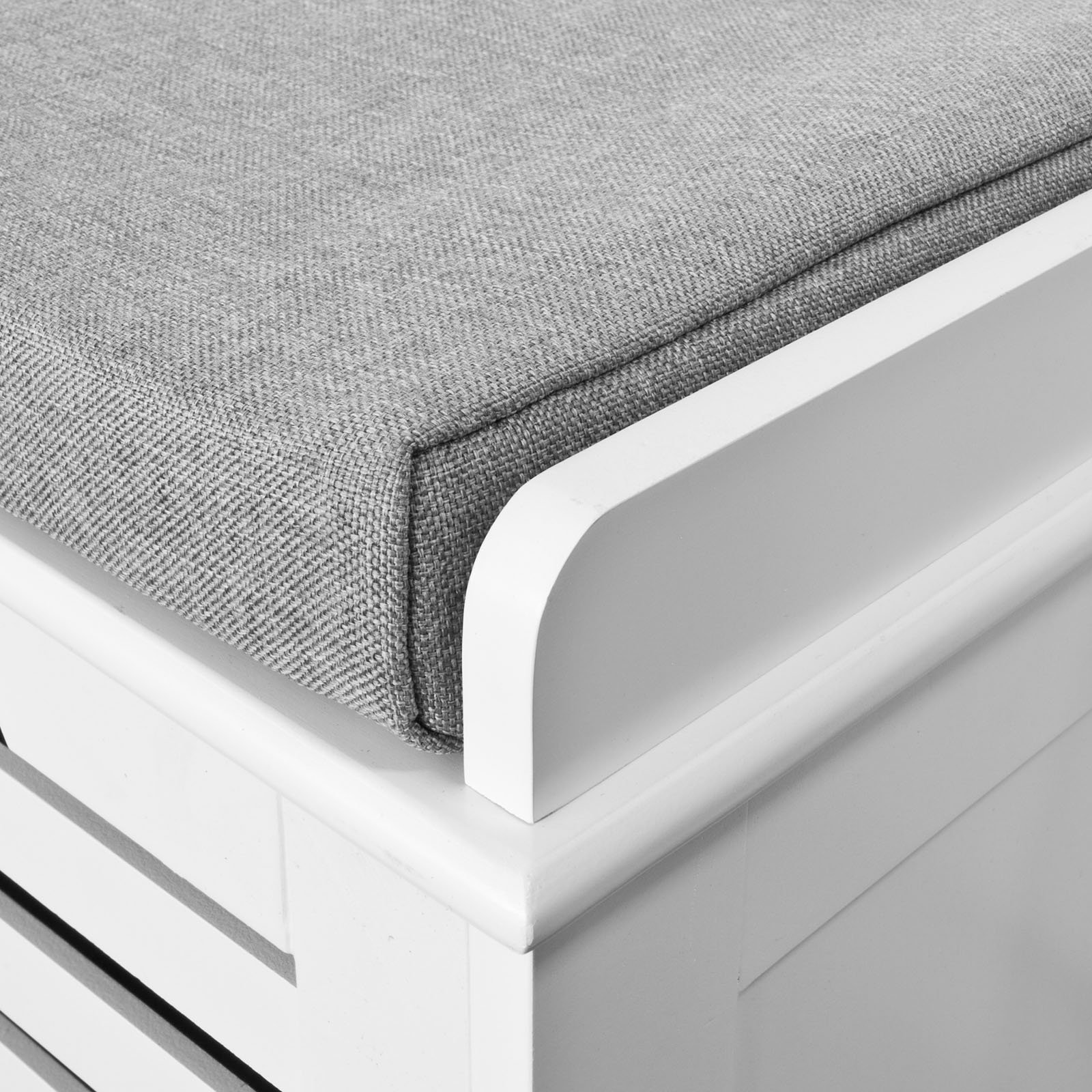SoBuy Schuhbank Sitzbank mit Stauraum – Schuhregal mit 3 Körben, Sitztruhe mit Sitzkissen – Flurbank Kommode für Eingangsbereich – Belastbar bis 120kg, 105x43x35cm – FSR23-W