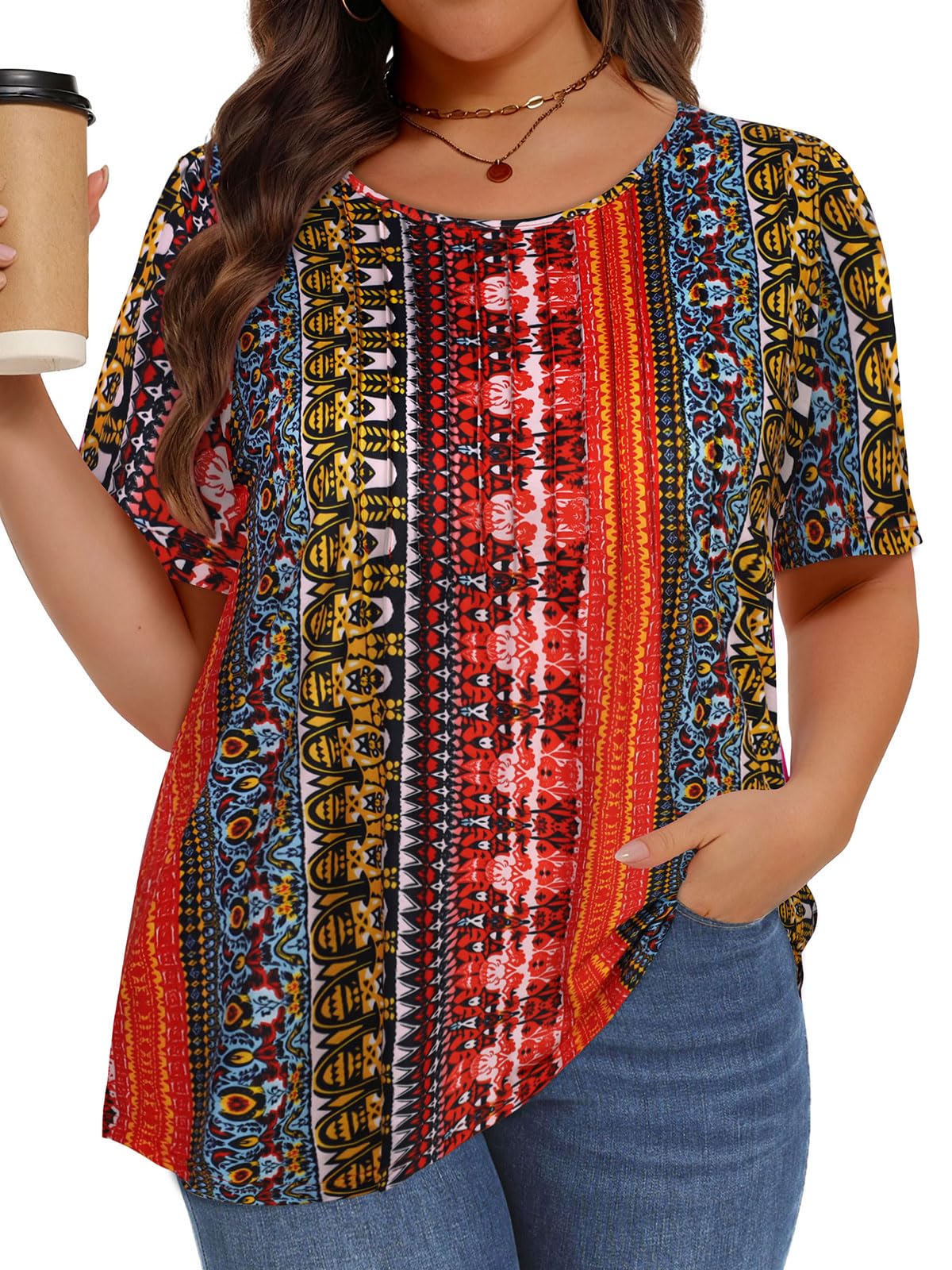 Plus Size Tops for Women Summer Pleated Short Sleeve Shirts Casual Blouses