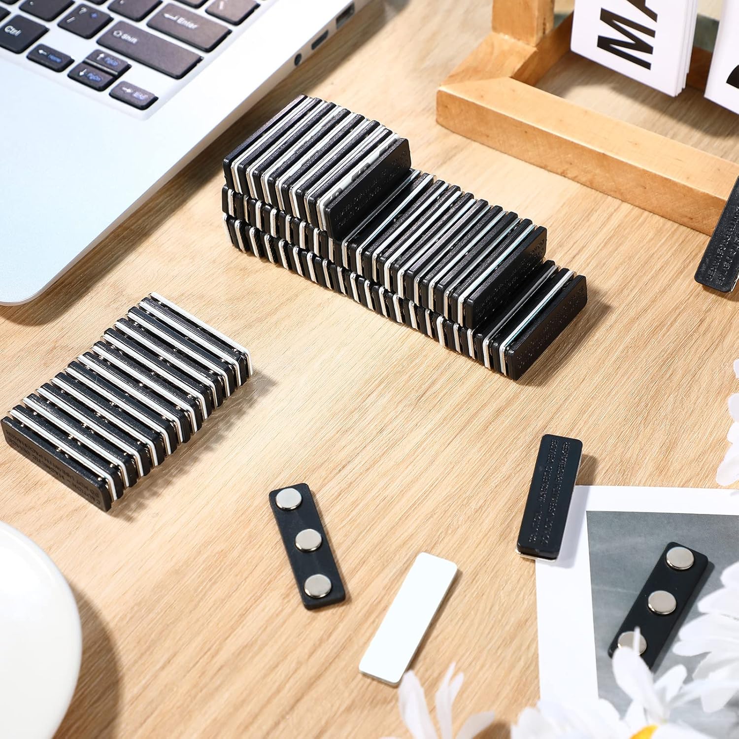 Macarrie 150 Packs Magnetic Name Tags Reusable Magnetic Name Badge Holder Metal ID Tag Magnet Backing with 3 Magnet Pins for Work and More