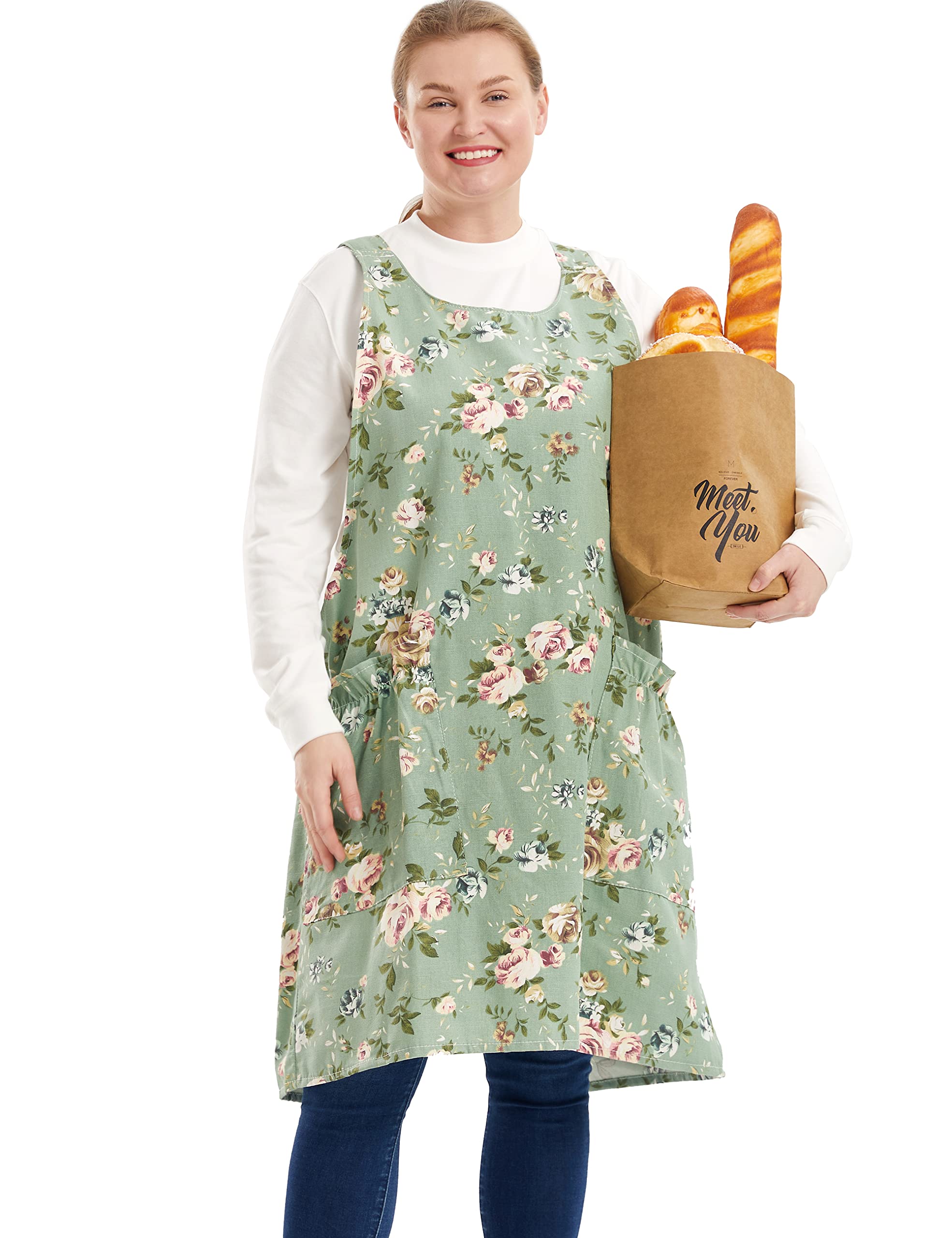 Big Plus Size Aprons for Women with Pockets Cotton Linen Baking Kitchen Cooking, Rose Flowers, Large