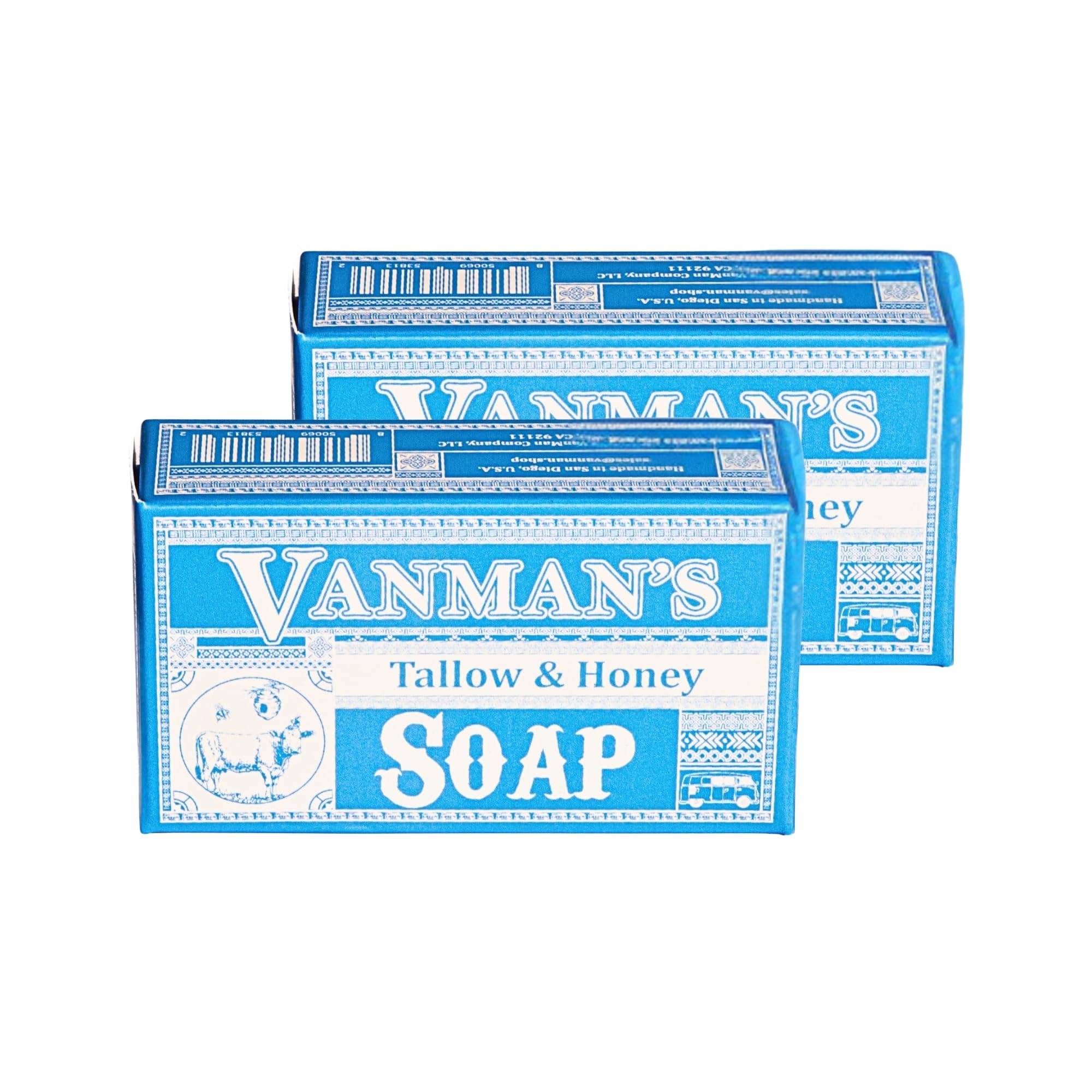 VanMan Beef Tallow and Honey Bar Soap – Pure Grass-Fed Beef Tallow for Skin with Raw Honey & Distilled Water, Unscented Soap, Hydrating & Nourishing, Clean Ingredients, 3.8oz - 2 Pack
