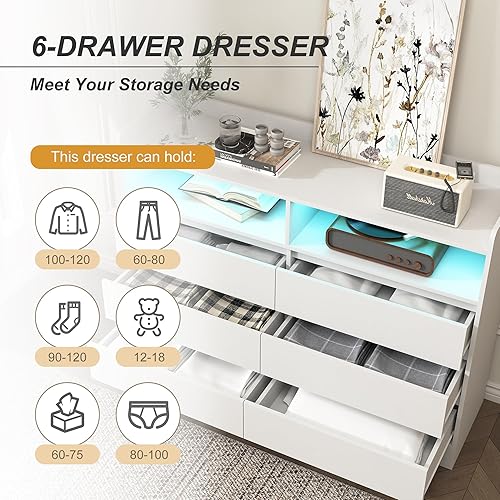 Miniatura 5 de Spaco Cómoda blanca para dormitorio, cómoda grande de 6 cajones con luz LED y 2 cubos, cómoda, cómoda de madera moderna, mueble de dormitorio,