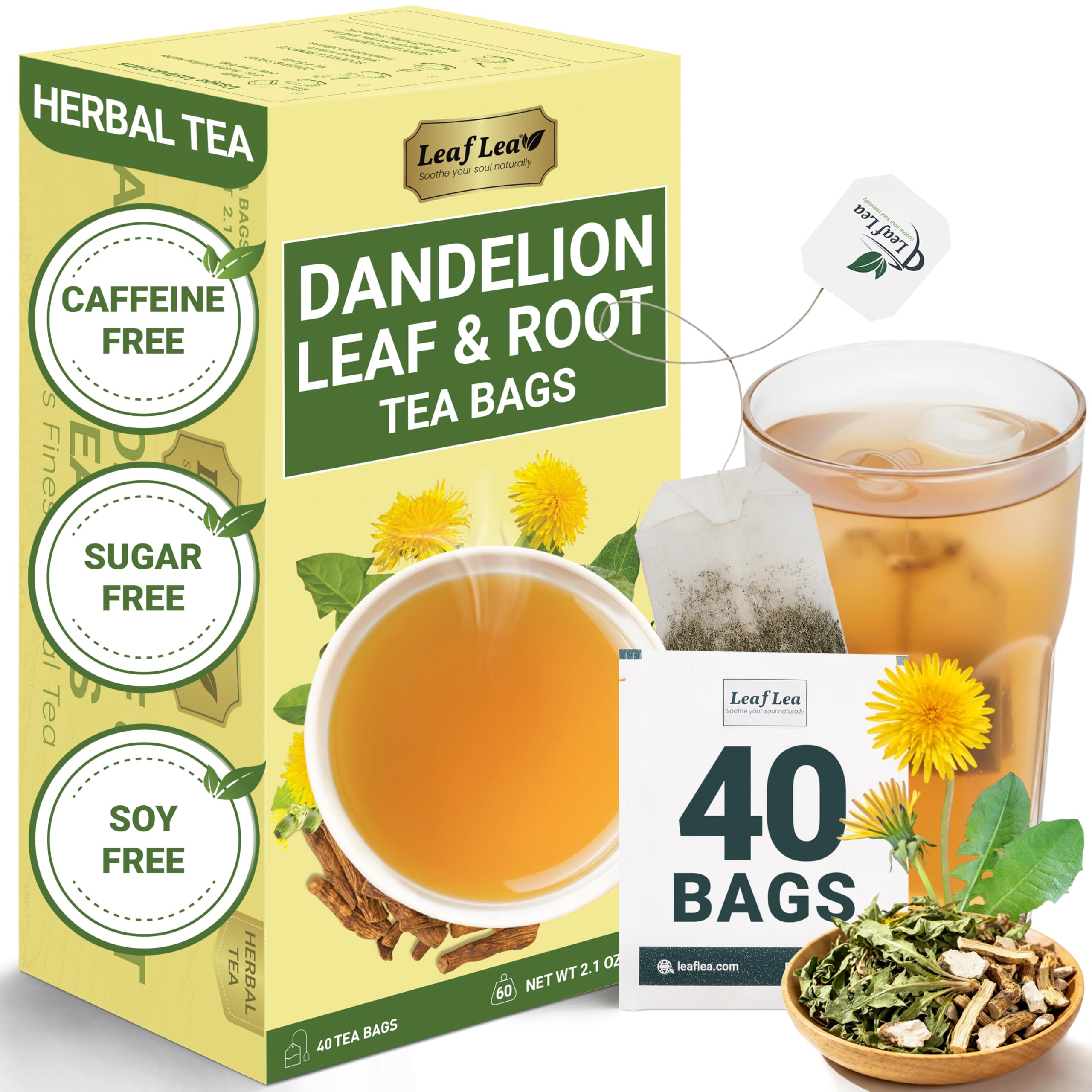 LeafLea Dandelion Root and Leaf Tea Bags, 40 Count, Roasted Dandelion Root Tea Blend, Natural Herbal Tea for Digestion & Wellness, Te de Diente de Leon, Individually Wrapped, Caffeine-Free, No Sugar Dandelion Leaf & Root Tea 40 Count (Pack of 1)