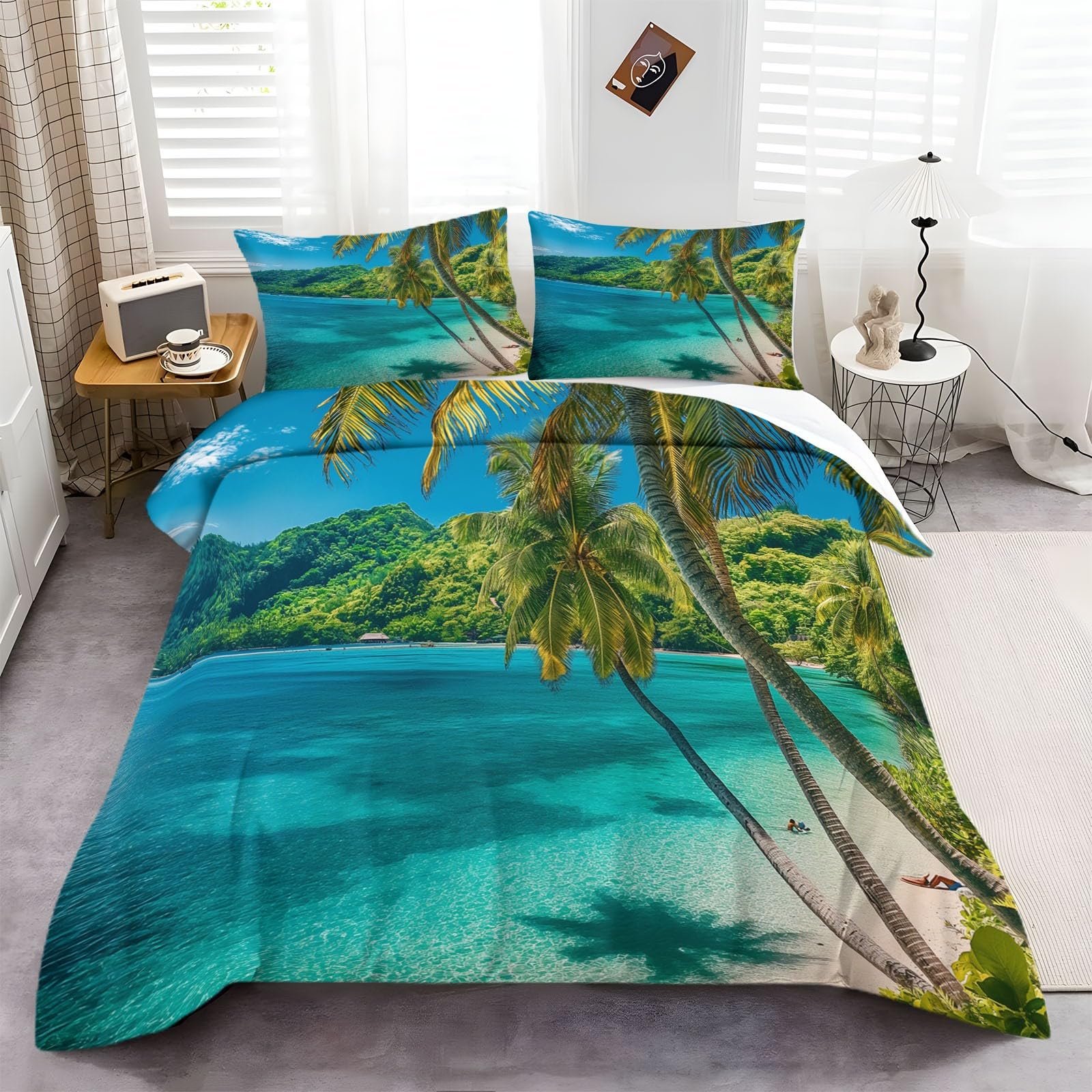 Bettbezug 155x220 cm Sea Palm Tree Beach Bettwäsche Set Weiche Atmungsaktive Hypoallergen für Jugendliche Einzelbett mit Reißverschluss und Kissenbezug 80x80 cm