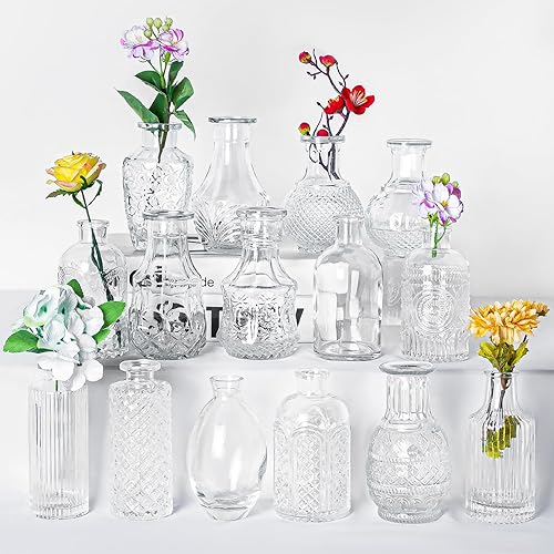 Wookgreat Glass Bud Vase Set of 15, Small Clear Bud Vases in Bulk for Flowers, Vintage Vases for Centerpieces, Mini Glass Vase Assorted for Rustic Wedding,Floral Arrangements,Home Table Decorations