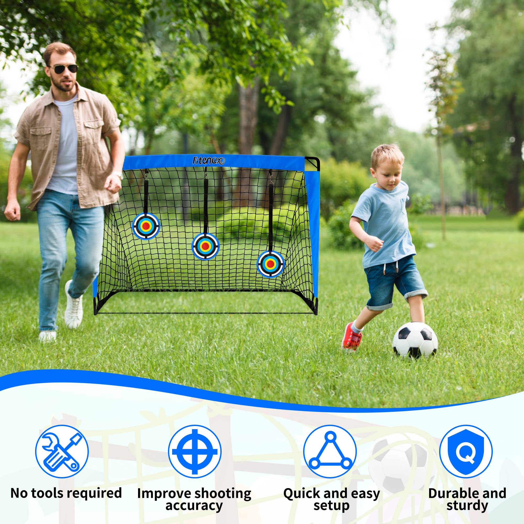 Fußballtor Kinder - 3-in-1 Pop Up Tor mit Torwand | Goal für Garten, Park & Strand | Outdoor Fussballtore mit 5 Schusslöchern, 3 Zielscheiben & 6 Hindernissen | inkl. Tasche & Bodennägel