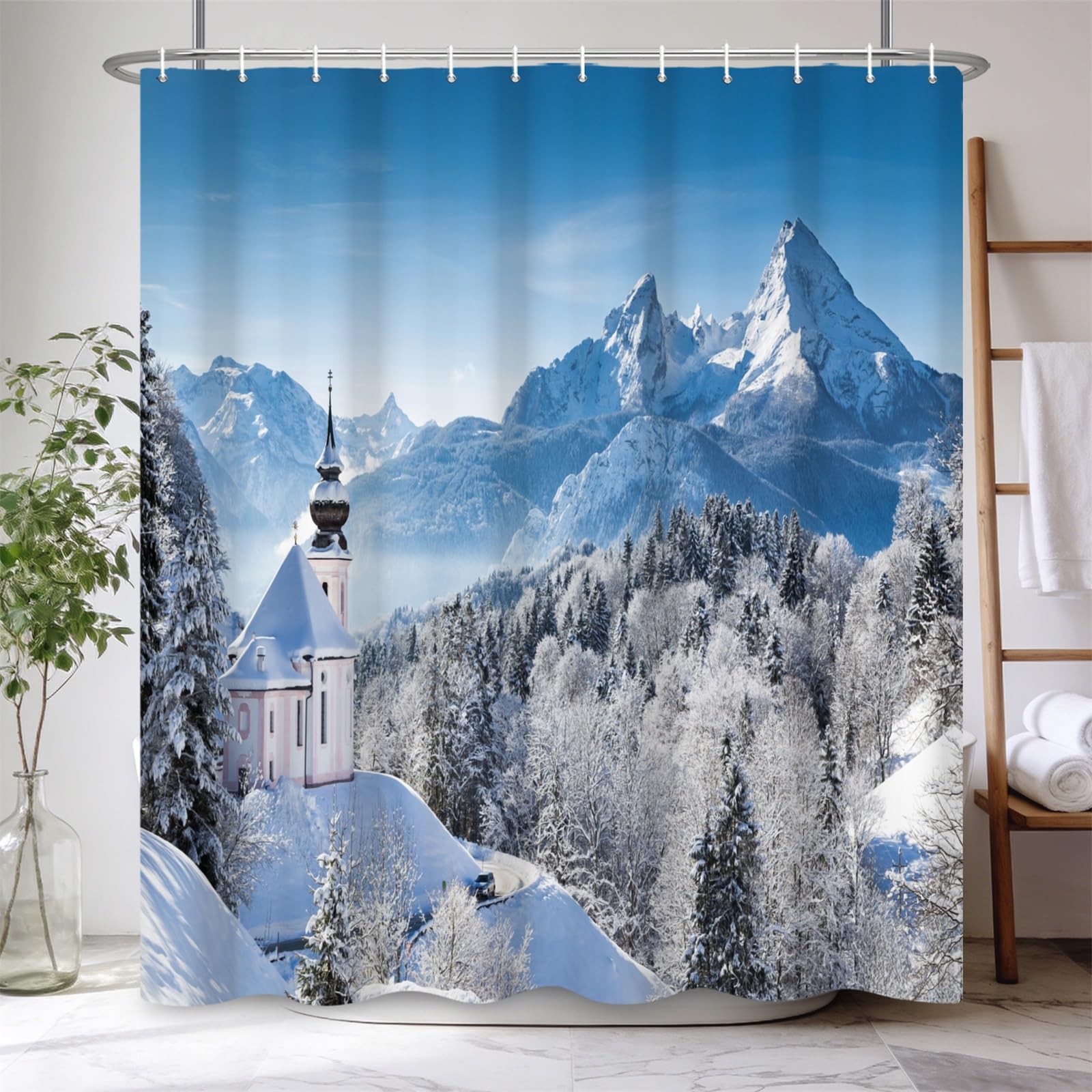 Paesaggio invernale Tenda da doccia con picco di neve Tenda da bagno a cascata con foresta di montagna con 12 ganci Decorazioni per il bagno in