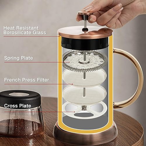 Miniatura 3 de YMMIND Cafetera de prensa francesa de 21 onzas, cafetera espresso de 3 tazas, cafetera de borosilicato grueso resistente al calor gris con 4
