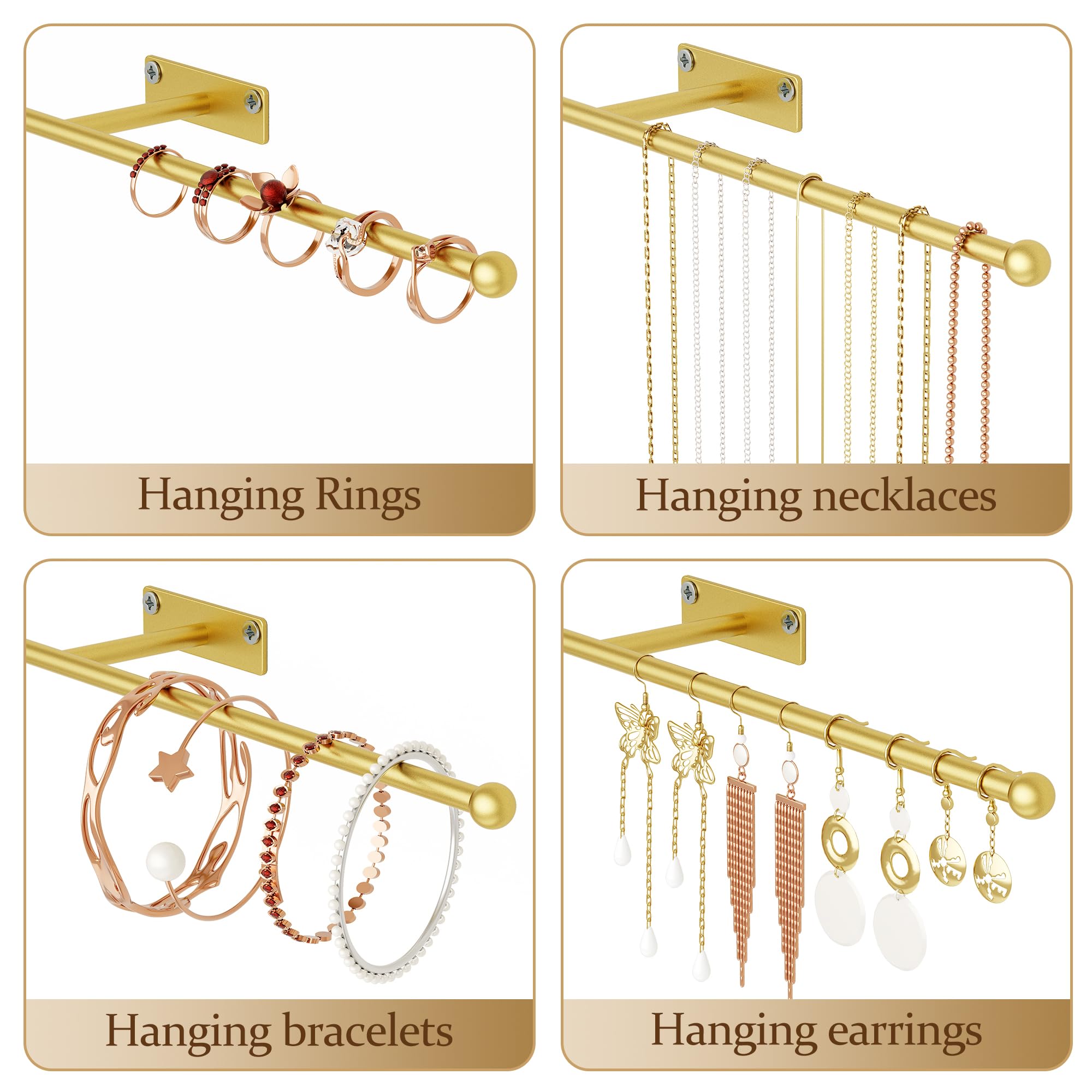 Josmimic Organisateur de bijoux mural : support de collier de 35 cm pour boucles d'oreilles, bracelets, bagues, bandeaux, lunettes, doré, lot de 2, vis incluses