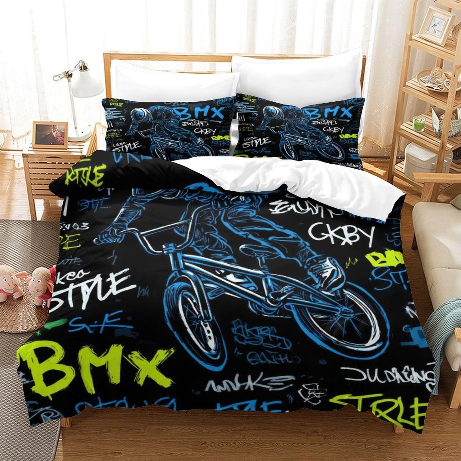 Housse de Couette BMX Imprimée 3D Graffiti Microfibre Décor Chambre Ensemble de Literie BMX Graffiti pour Ados Doux Respirant Cadeau Dortoir King（220x240cm）