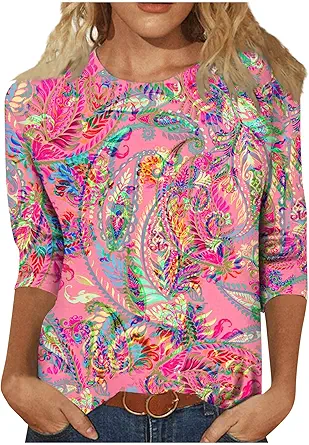 HTHLVMD Womens 3/4 Length Sleeve Tops 2025 Fall Fashion Floral Print Crewneck Causal Trendy Tunic Tops for Women