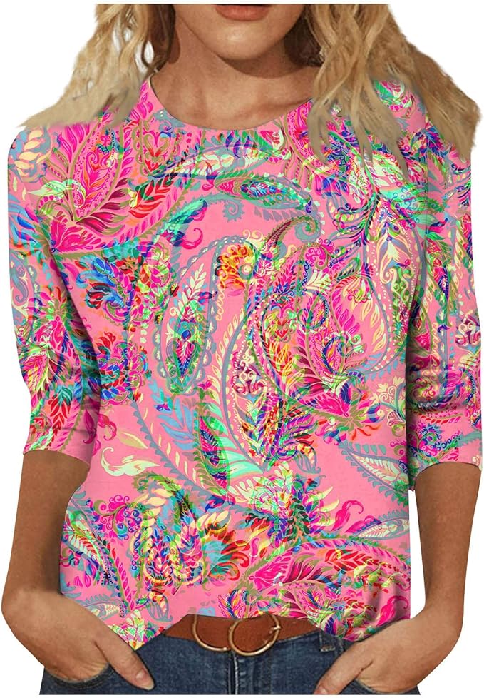 HTHLVMD Womens 3/4 Length Sleeve Tops 2025 Fall Fashion Floral Print Crewneck Causal Trendy Tunic Tops for Women