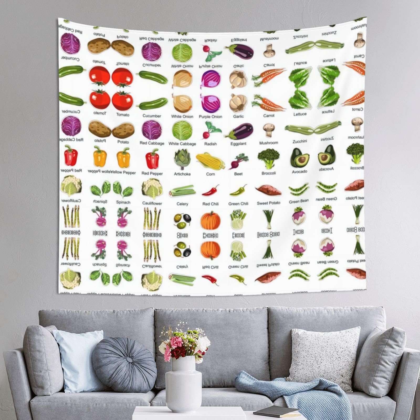 HLSBSSL 60x51in Introduction Of Various Vegetables Printed Tapestry Tablecloth for Dormitory and Picnic Rooms - Multifunctional Fabric Hanging