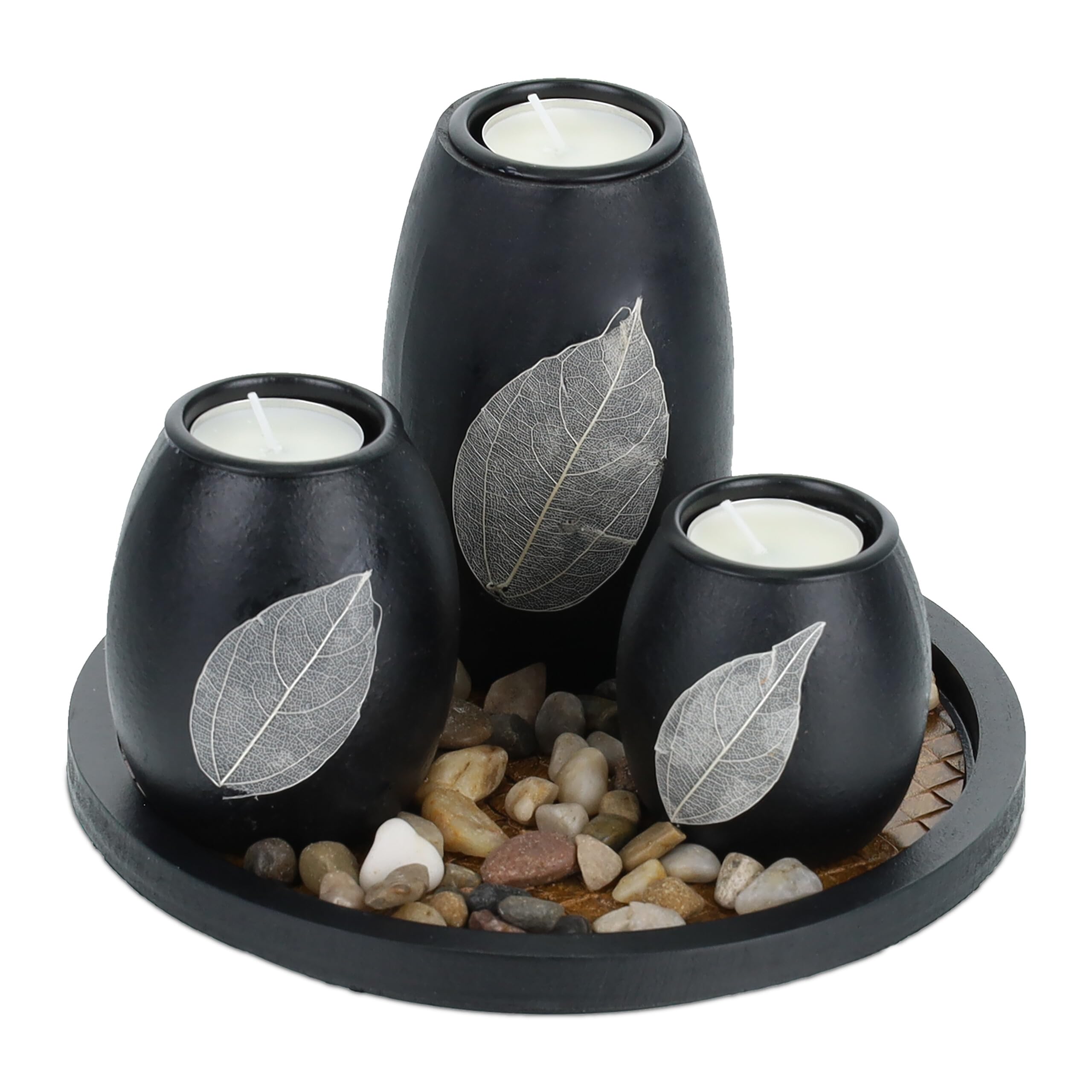 Relaxdays Set Portavelas con Bandeja y Piedras Decorativas, Ø 19,5 cm, 3 Velitas, Decoración de Mesa, Negro/Marrón