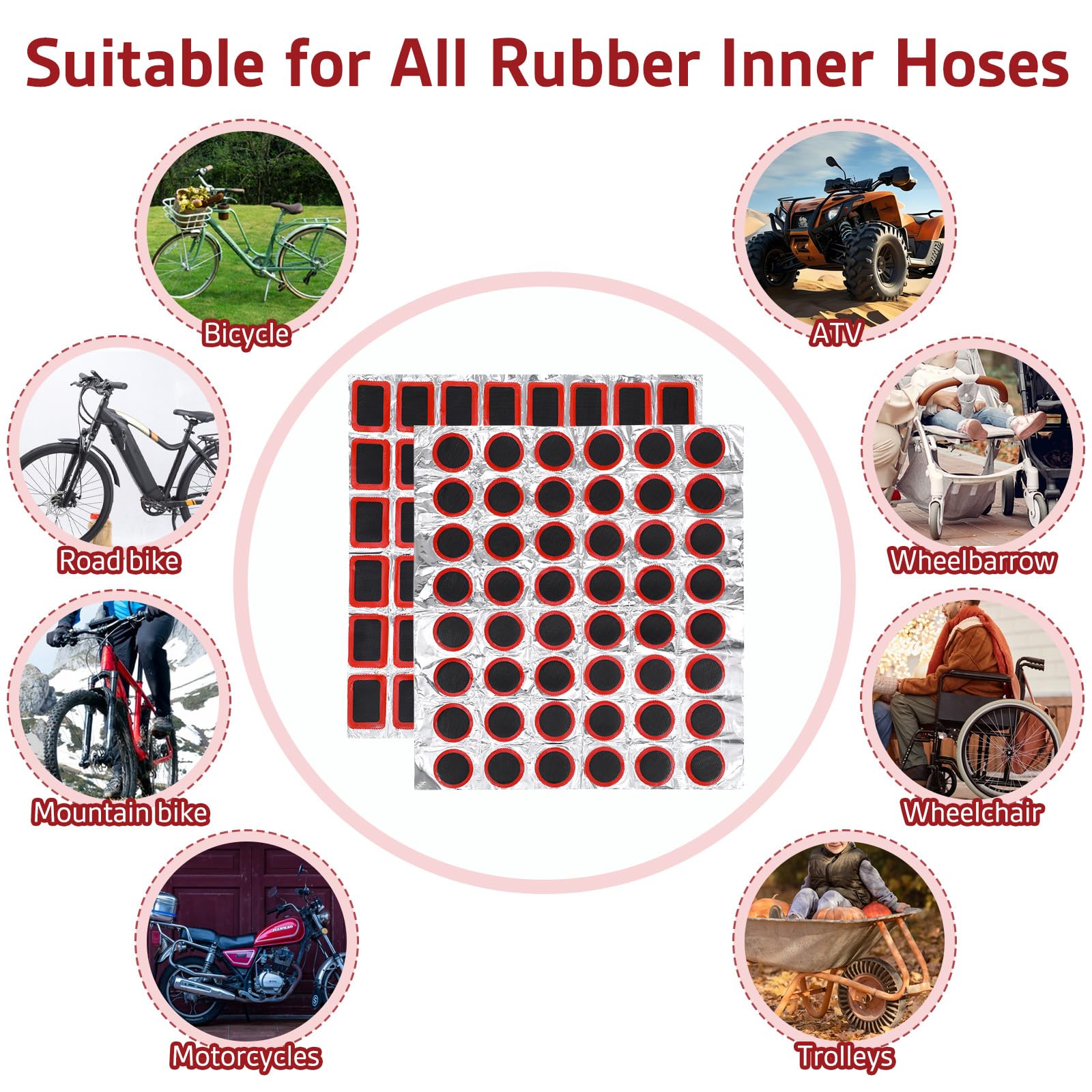 96 parches de tubo para neumáticos de bicicleta, herramienta de goma para reparación de pinchazos, incluye parche redondo cuadrado para bicicletas de carretera, montaña, motocicleta (sin