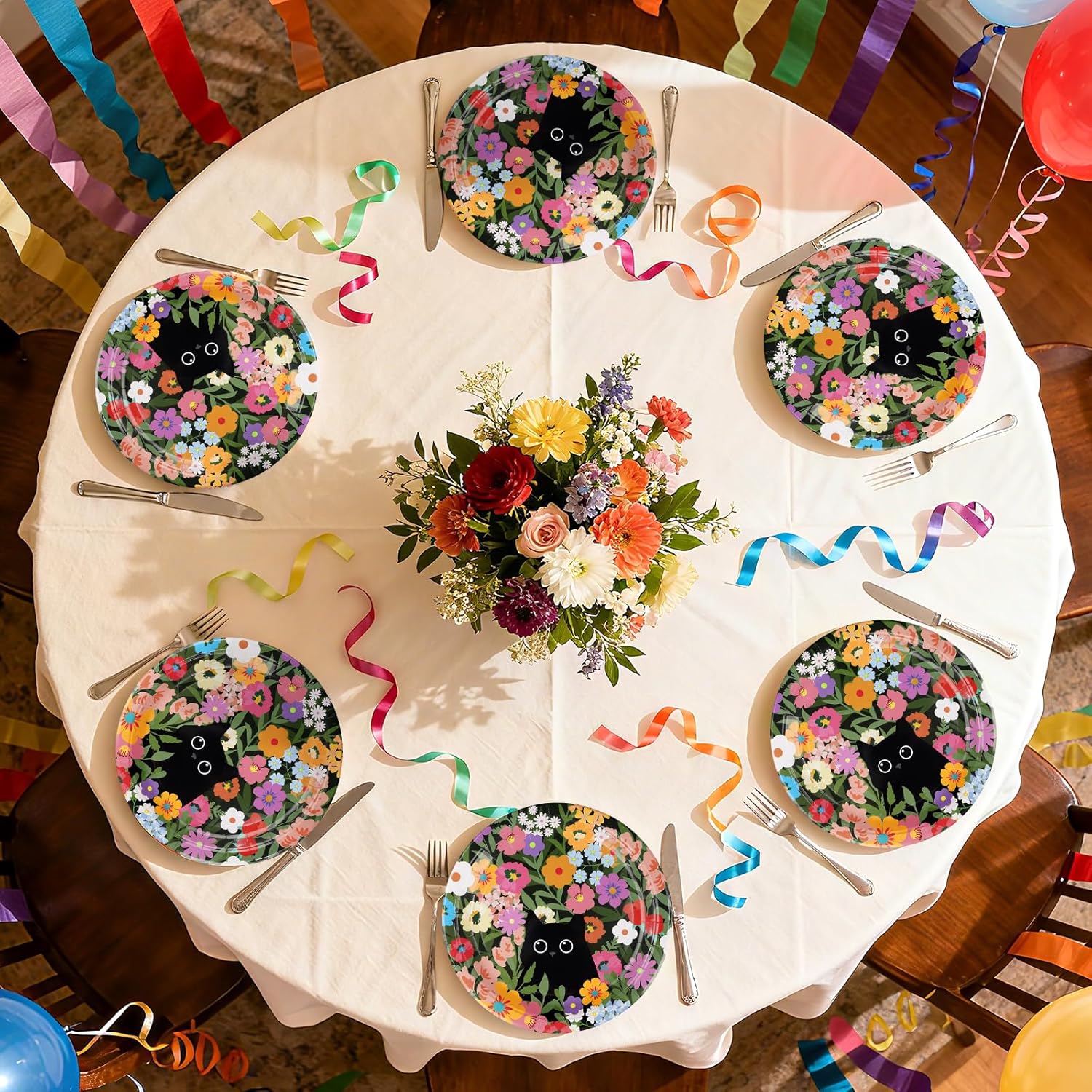50 Pcs Spring Flower Cat Party Decorations 10" Floral Cat Paper Plates Disposable Black kitty Decorations for Spring Picnic Wedding Birthday Baby Shower Tea Party Supplies