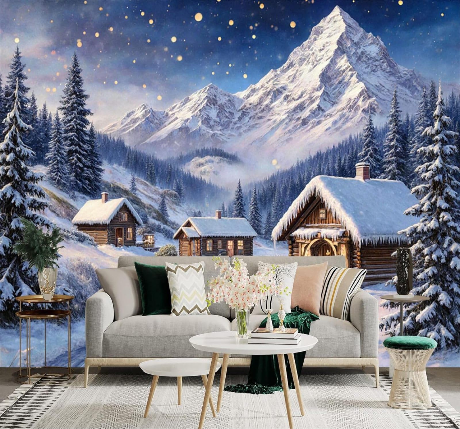 XLMING Winter Snow Capped Mountains Cottage Pine Trees Starry Sky Landscape 3D Wallpaper Silky Texture Home Study Office Grey Dining Room Sofa Bedroom Living Room TV Backdrop-250cm×170cm