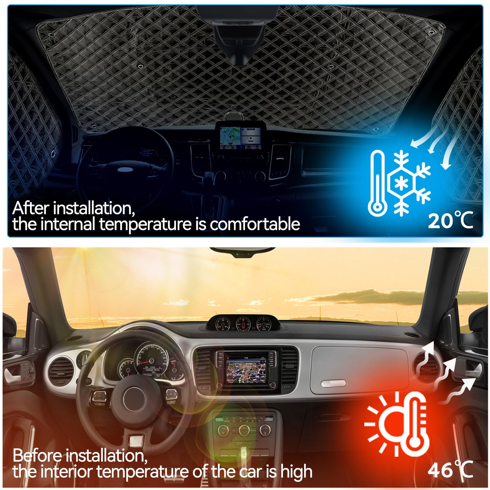 Thermomatte für Mercedes Sprinter 2006-2018, 3-teiliger Sonnenschutz für Windschutzscheibe, Isolierte Front- und Seitenfenster-Sonnenschutzabdeckung mit 18 Saugnäpfen