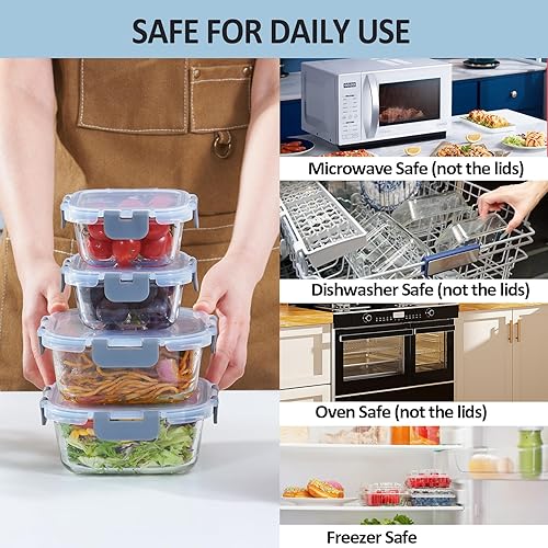 Miniatura 8 de Recipientes de vidrio para almacenamiento de alimentos con tapas, paquete de 4, herméticos, a prueba de fugas, sin BPA, aptos para horno y