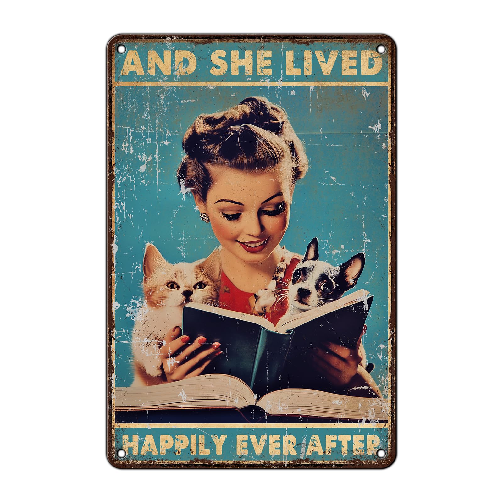 Anceky And She Lived Happily Ever After Women And Gogs Tin Sign Vintage Metal Tin Signs Wall Decor for Living Room Backyard Garden Garage Bar 12×16 Inch
