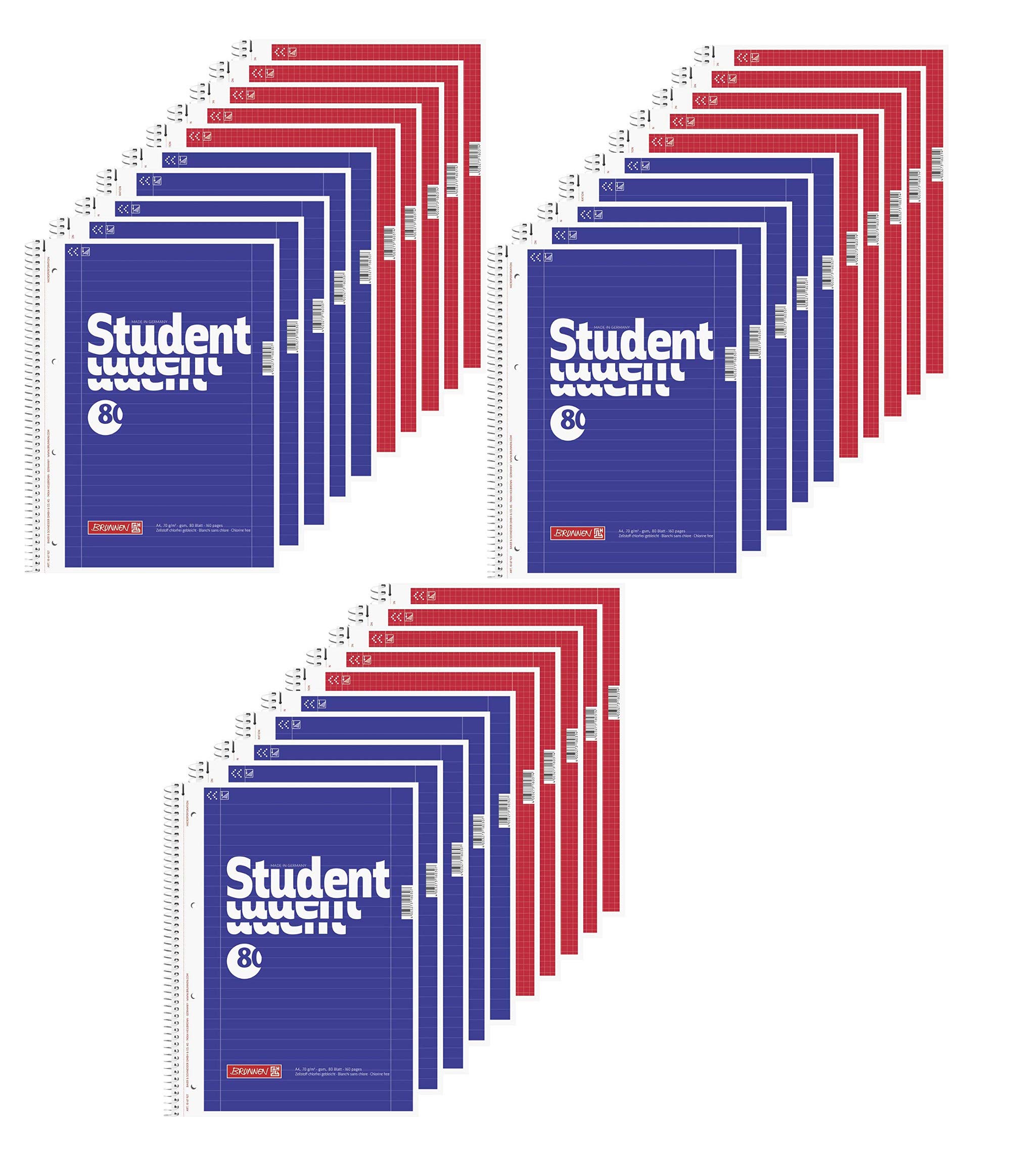 Brunnen 15 blocchi universitari Student A4 rigatura 27, a righe 80 fogli + 15 blocchi universitari Student A4 rigatura 28 a quadretti, 80 fogli bianchi (30 blocchi)