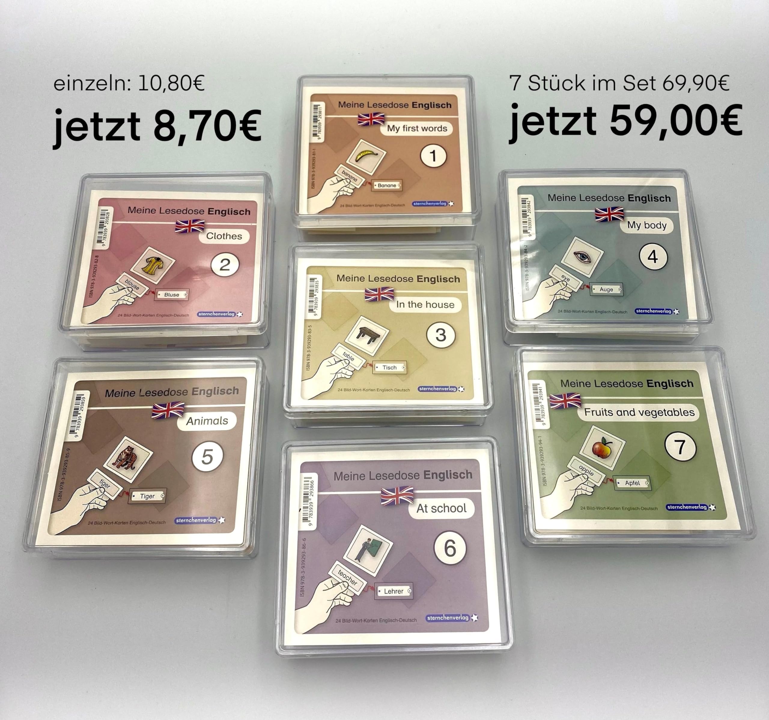 Meine Lesedose Englisch 1-7 - Grundwortschatz Englisch - Deutsch - DaZ - Jetzt neu mit Etikett zum Beschriften: 7 Dosen mit je 24 Bild-Wort-Karten - Ideal für: DaZ und Inklusion