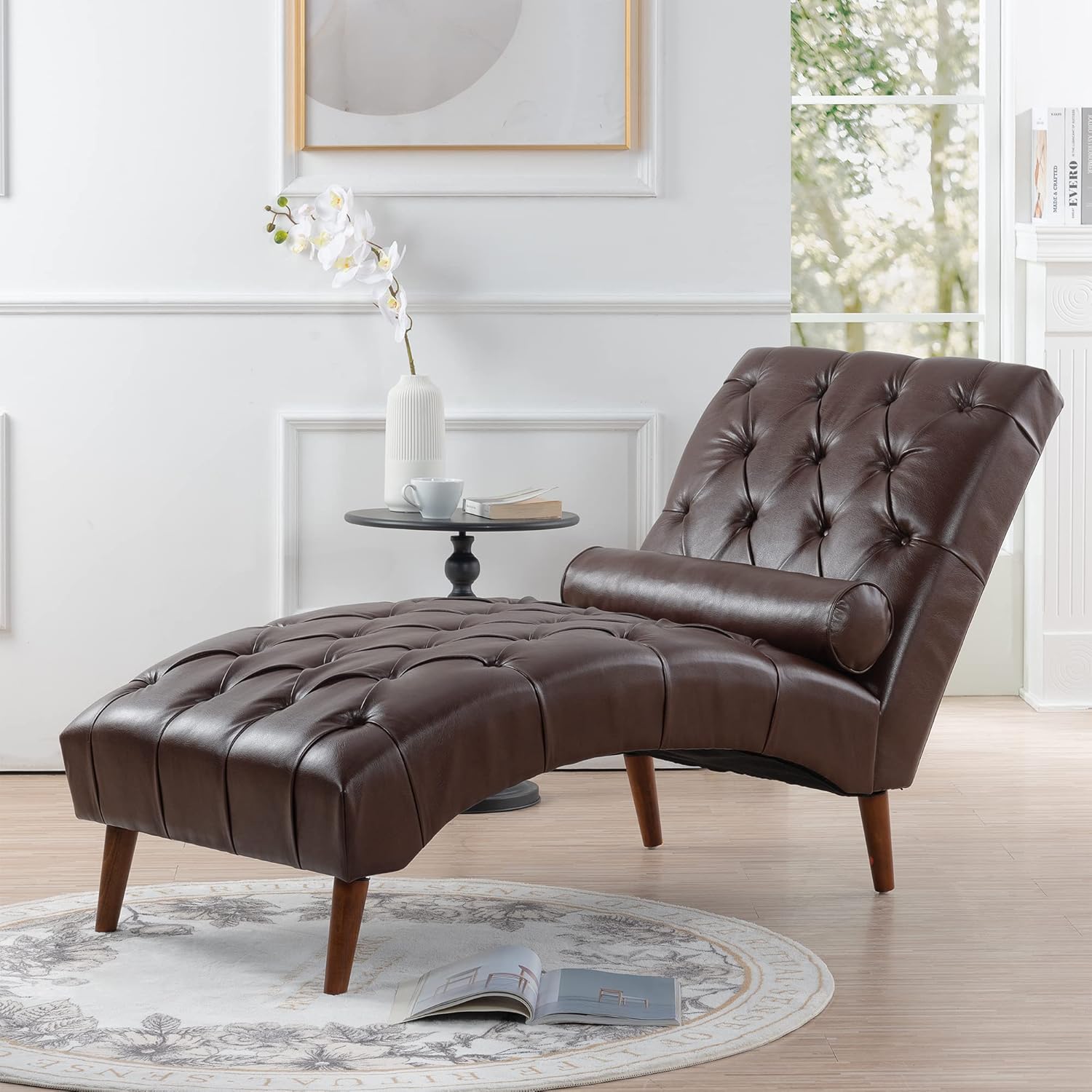 GDFStudio Chaise Lounge Chair Indoor with Lumbar Pillow & Wood Legs, Upholstered PU Tufted Leather Mid Century Modern Armless Lounge Chair for Living Room Bedroom, 25.4"W × 60.2"D × 32.3"H, Dark Brown