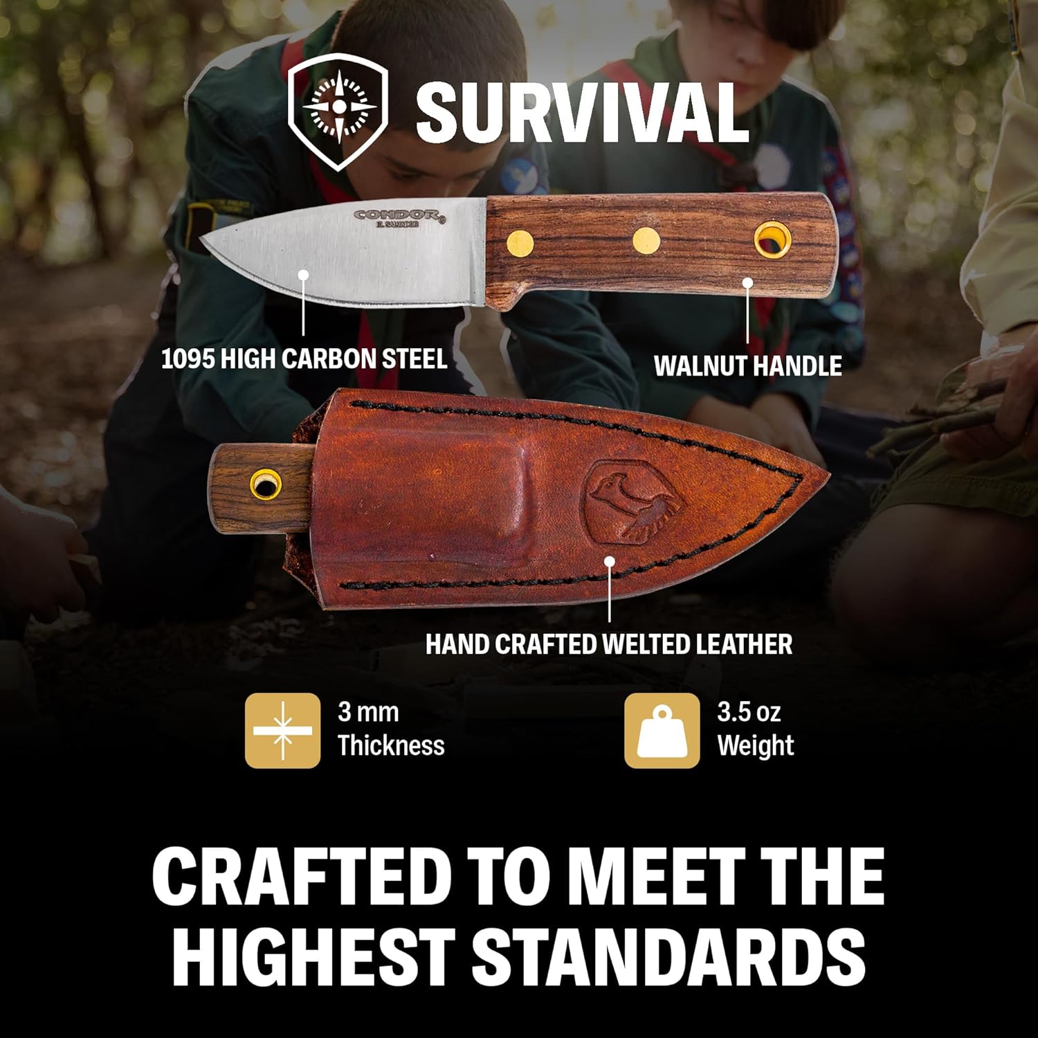 Condor Tool & Knife Compact Kephart Knife - 1095 High-Carbon Steel Blade - Ergonomic Walnut Handle - Premium Handcrafted Leather Sheath - Ideal for Survival, Camping, and Outdoor Adventures