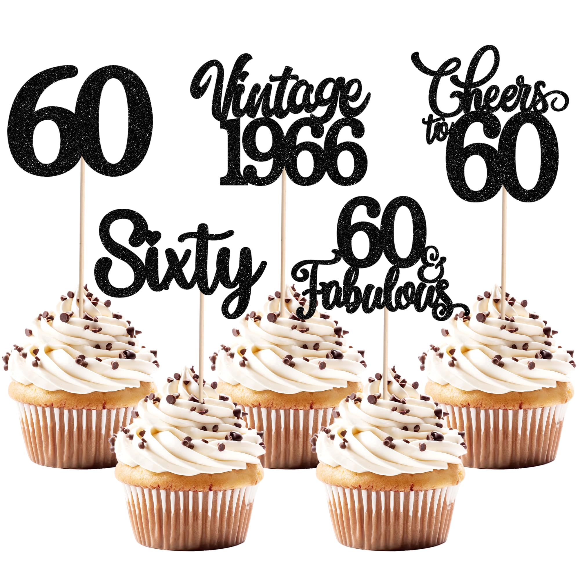SYKYCTCY 30 Pack 60th Birthday Cupcake Toppers Glitter Sixty Vintage 1966 Hello 60 Cupcake Picks Cheers to 60 Fabulous Cake Decorations for 60th Birthday Wedding Anniversary Party Supplies Black โ image 1
