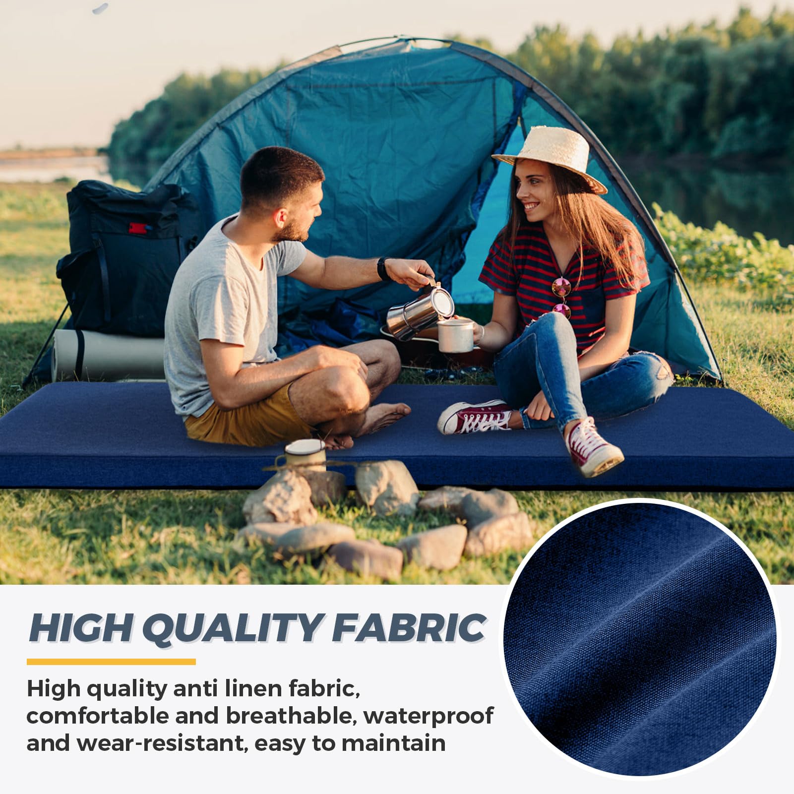 MAXYOYO Matelas Futon Portable, Pliable, en Tissu Hypoallergénique et Mousse épaisse, avec Poignée et Fermeture éclair, pour l'extérieur, Le Camping, Les Invités, la Voiture, Bleu Marine, 90x190cm