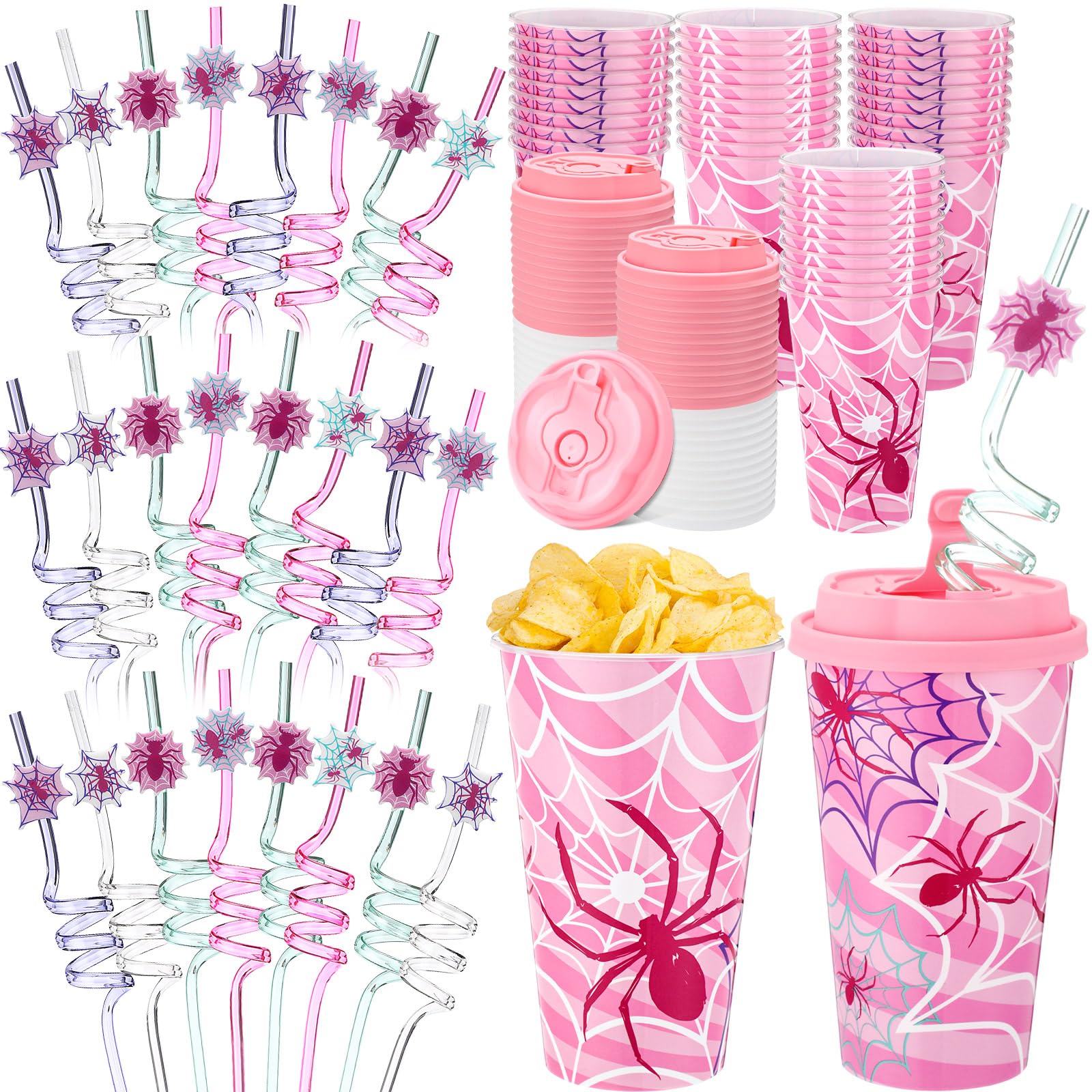 Yungyan 16 Sets Pink Spider Party Favors Goodie Cups with Lids and Straws for Halloween Party Decorations Reusable 16oz Plastic Candy Cups Plastic