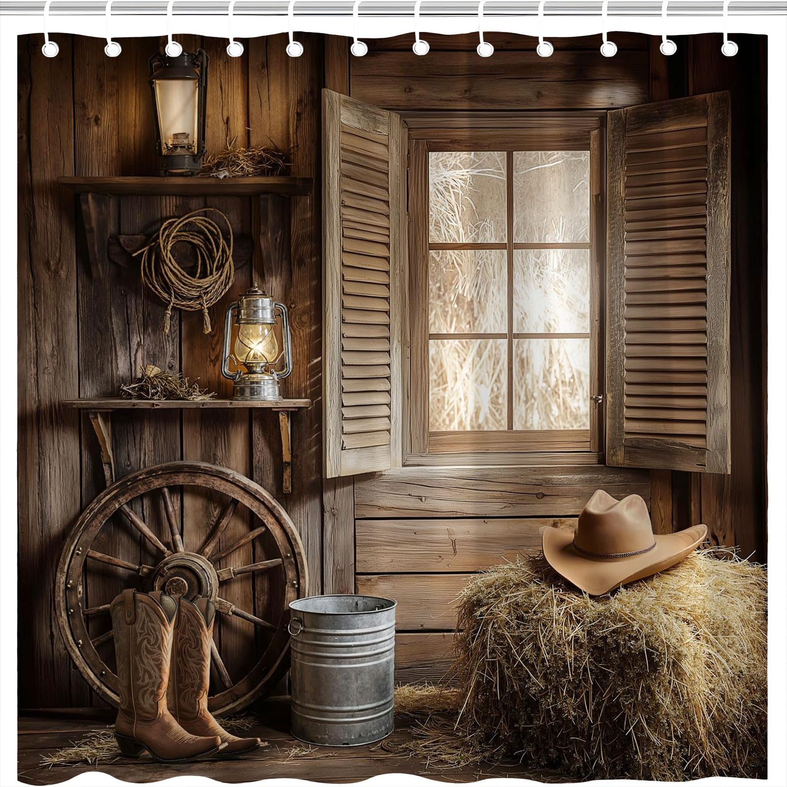 MZYZAF Farmhouse Barn Door Shower Curtain Vintage Southwest Country Ranch Western Cowboy Hat Boots Oil Lamp Wooden Wheel Rustic Cabin Brown Men